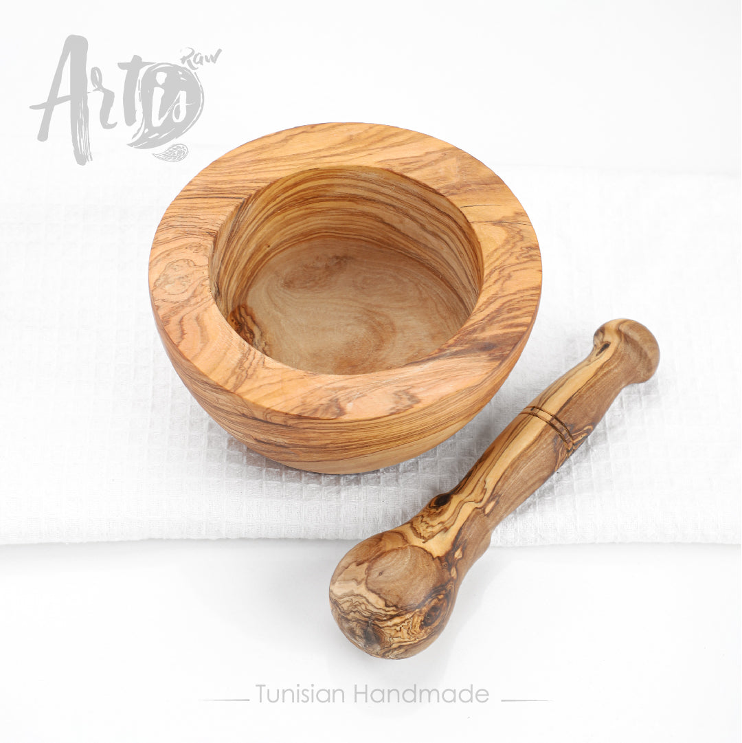 Wooden Mortar and Pestle handmade from Tunisian Olive Wood - ArtisRaw