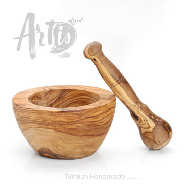 Wooden Mortar and Pestle handmade from Tunisian Olive Wood - ArtisRaw