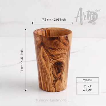 Dimensions of this wooden cup handmade from olive wood: 4.3" (11cm) * 2.9" (7.5cm). Volume: 6.7oz (20cl)