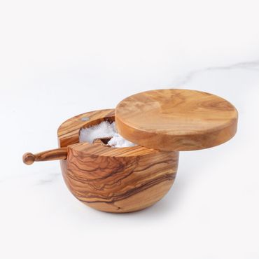 Olive Wood Salt Cellar – Spoon & Swivel Lid - ArtisRaw