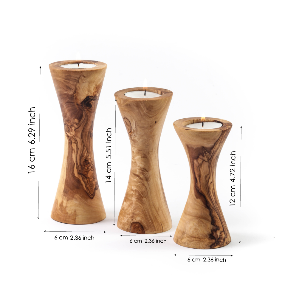 Set of 3 Wooden Candle Holders made of Tunisian Olive Wood - ArtisRaw