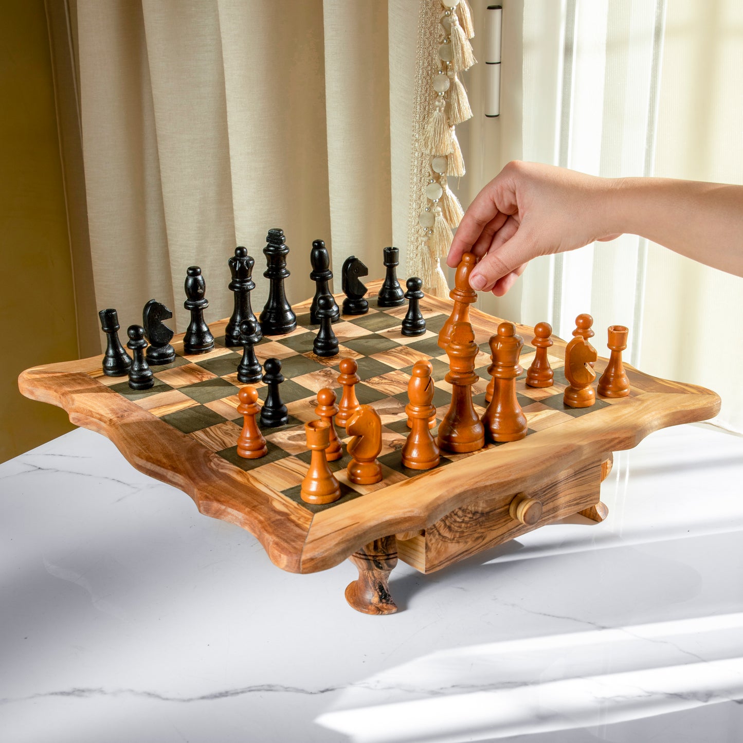 Chess Set With Wavy-Edged Board And Rustic Legs - ArtisRaw