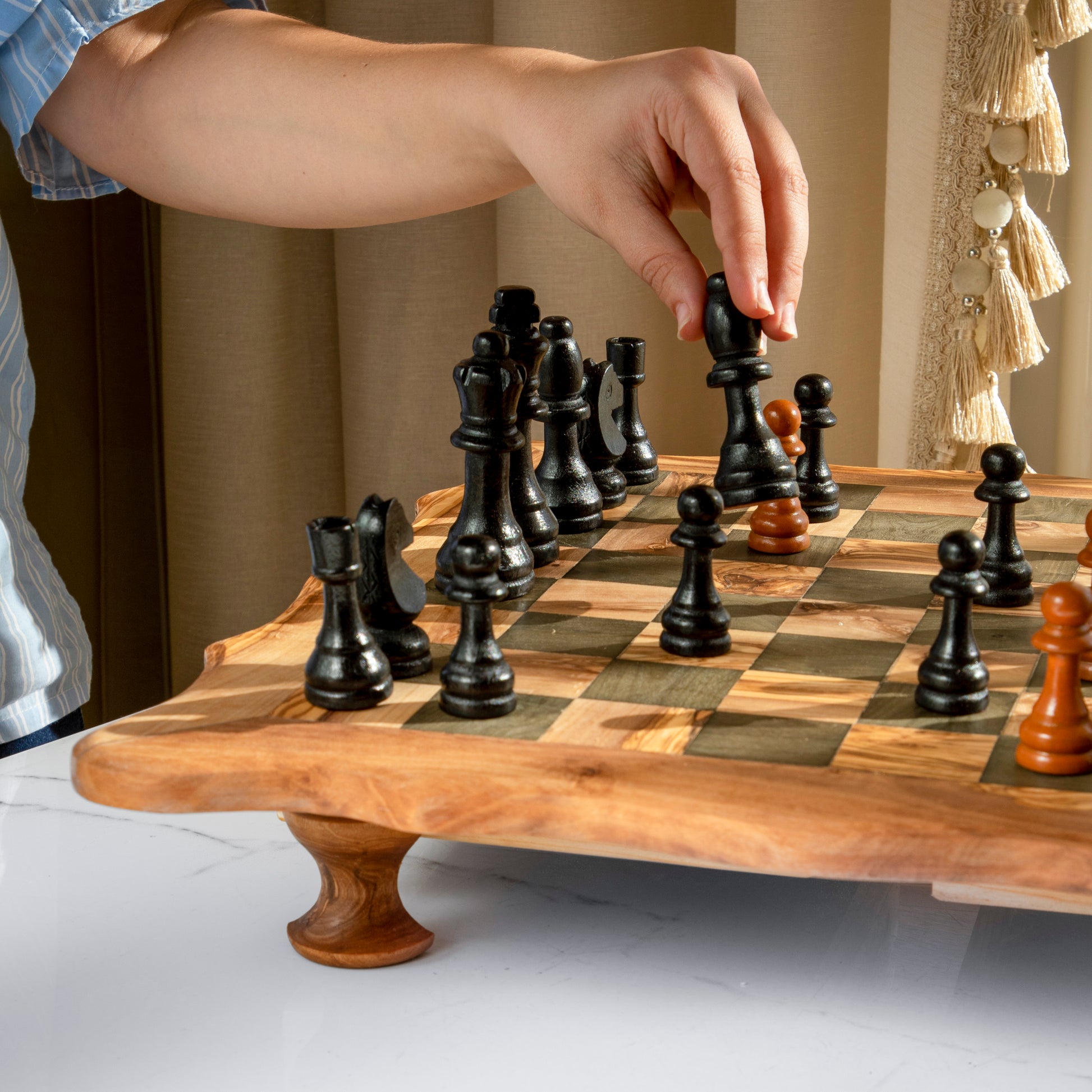 Chess Set With Wavy-Edged Board And Rustic Legs - ArtisRaw