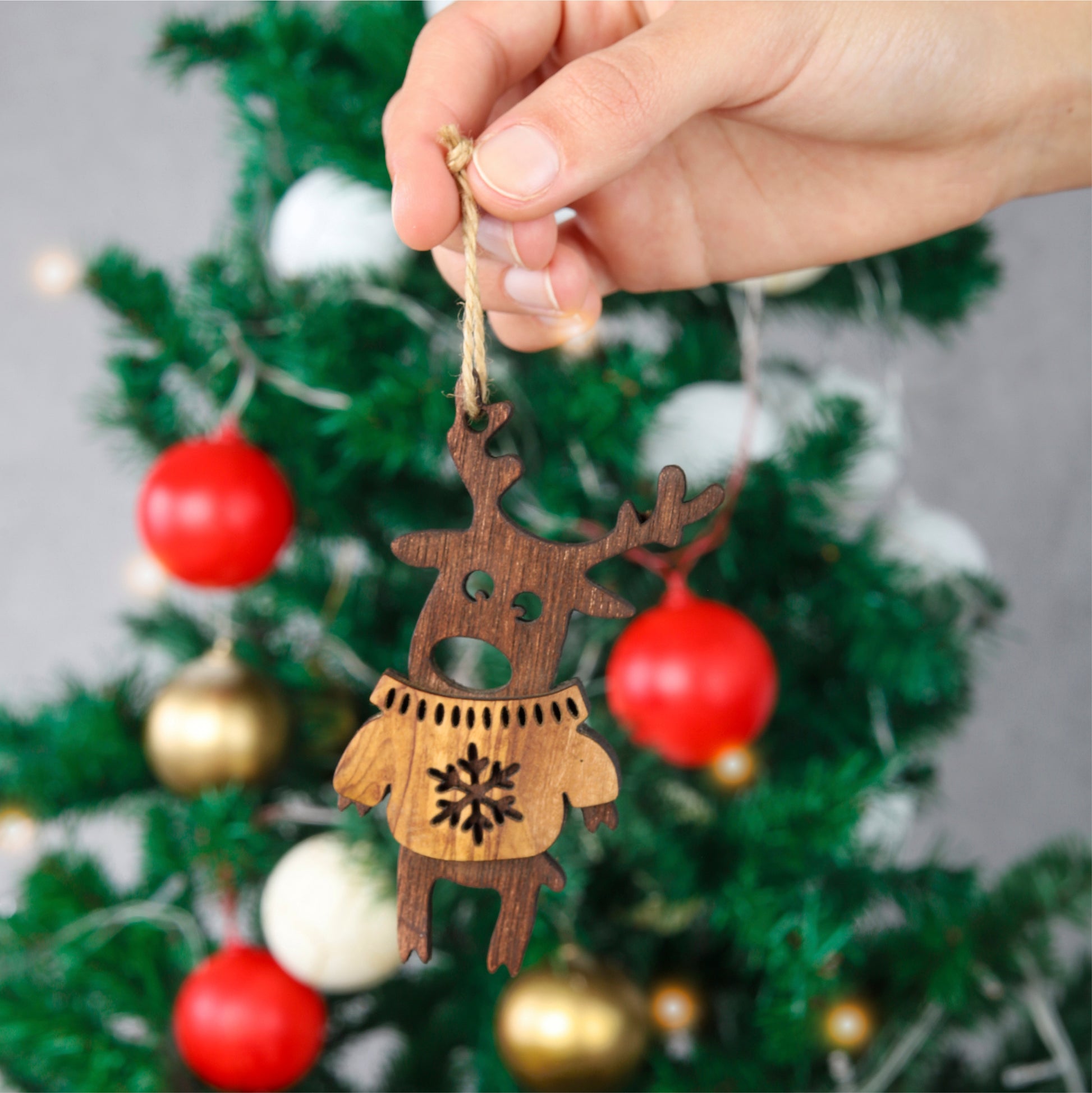 Olive Wood Christmas Ornaments: 2 Deers, Tree & Star - ArtisRaw