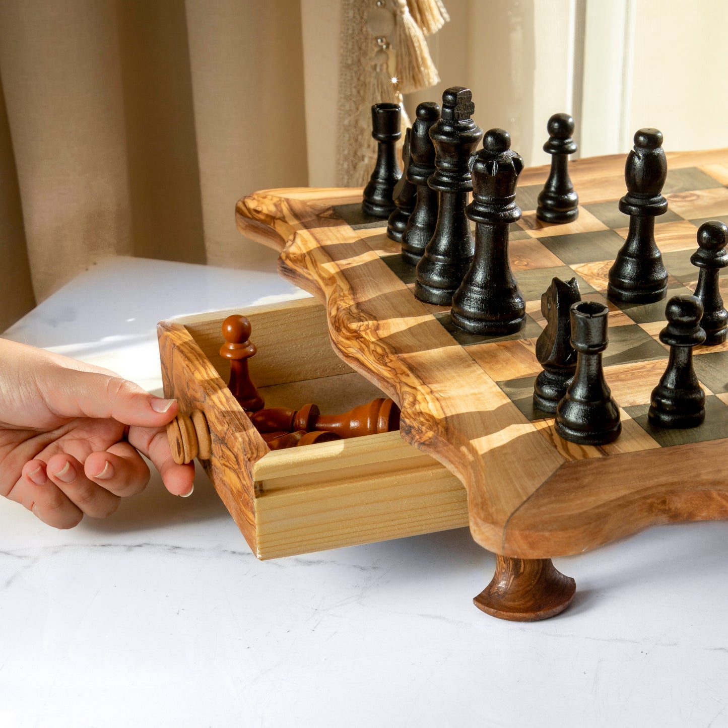 Chess Set With Wavy-Edged Board And Rustic Legs - ArtisRaw