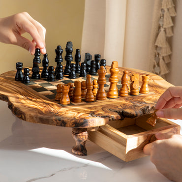 Handmade wooden chess set – rustic live-edge olive wood chess board