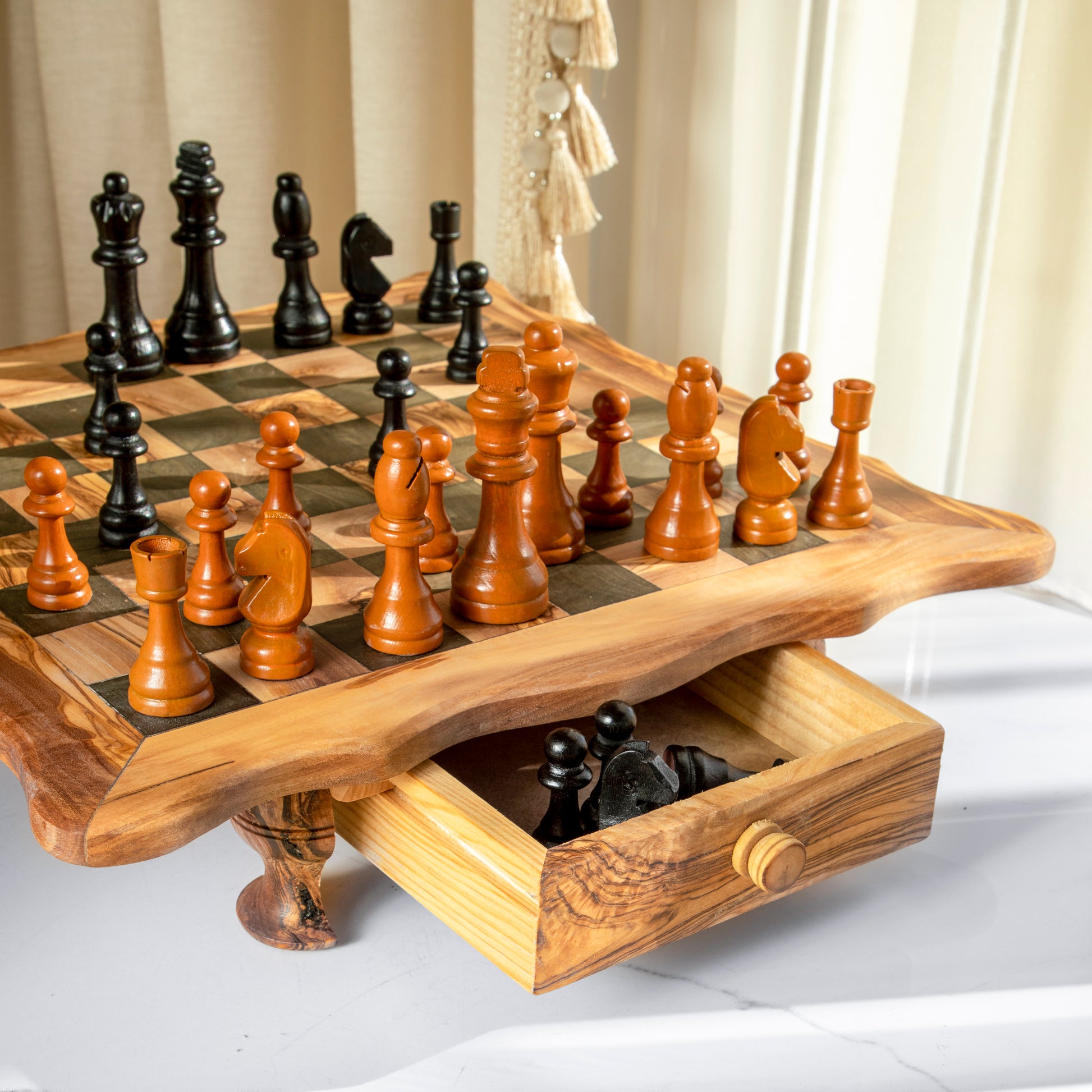 Chess Set With Wavy-Edged Board And Rustic Legs - ArtisRaw