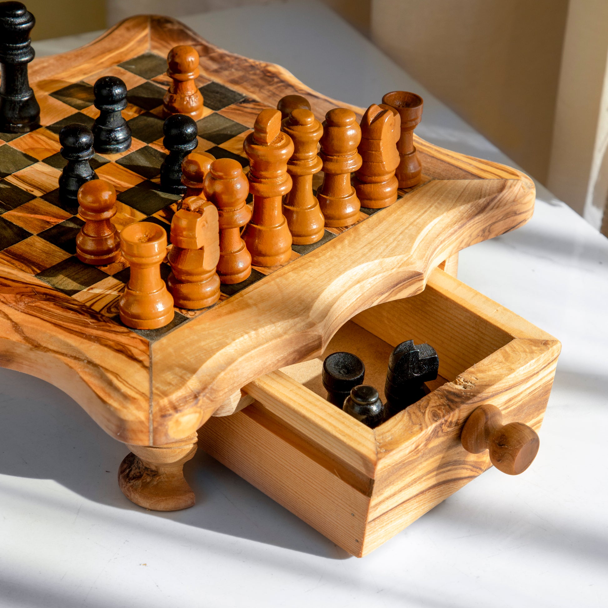 Chess Set With Wavy-Edged Board And Rustic Legs - ArtisRaw