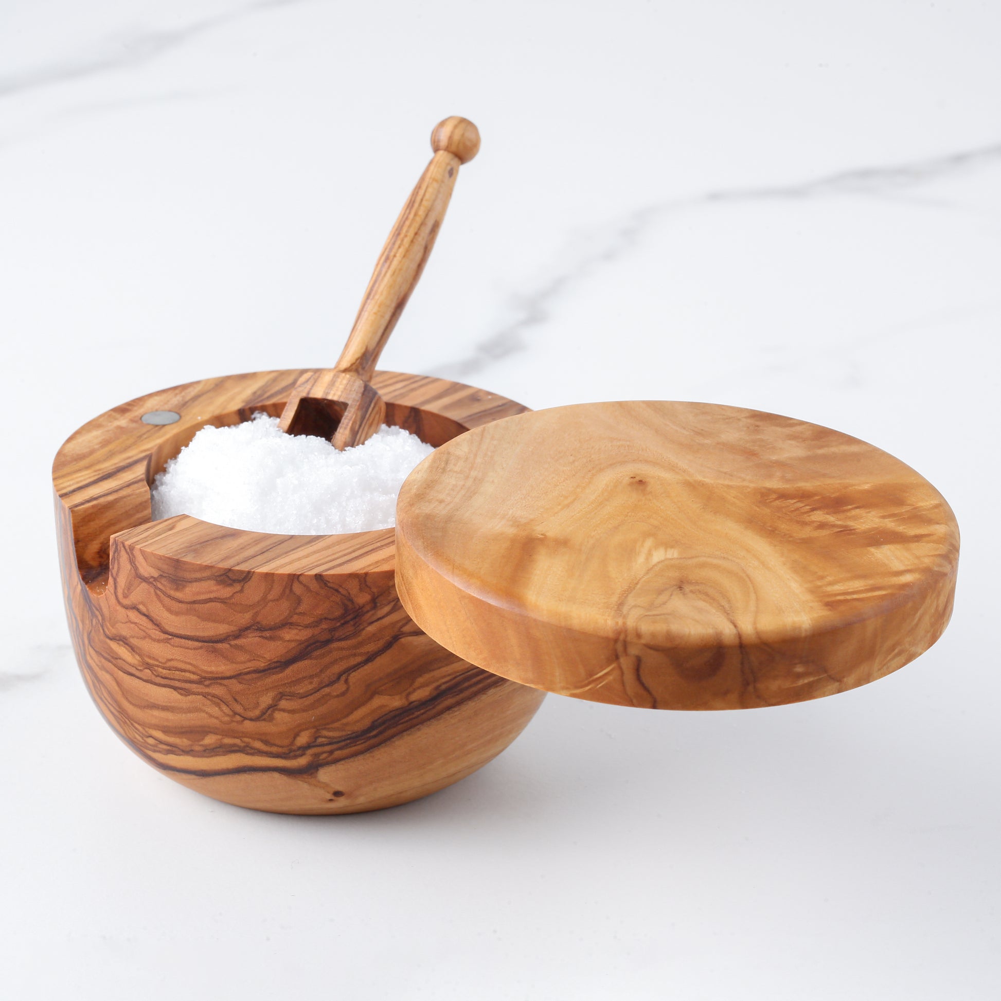 Olive Wood Salt Cellar – Spoon & Swivel Lid - ArtisRaw