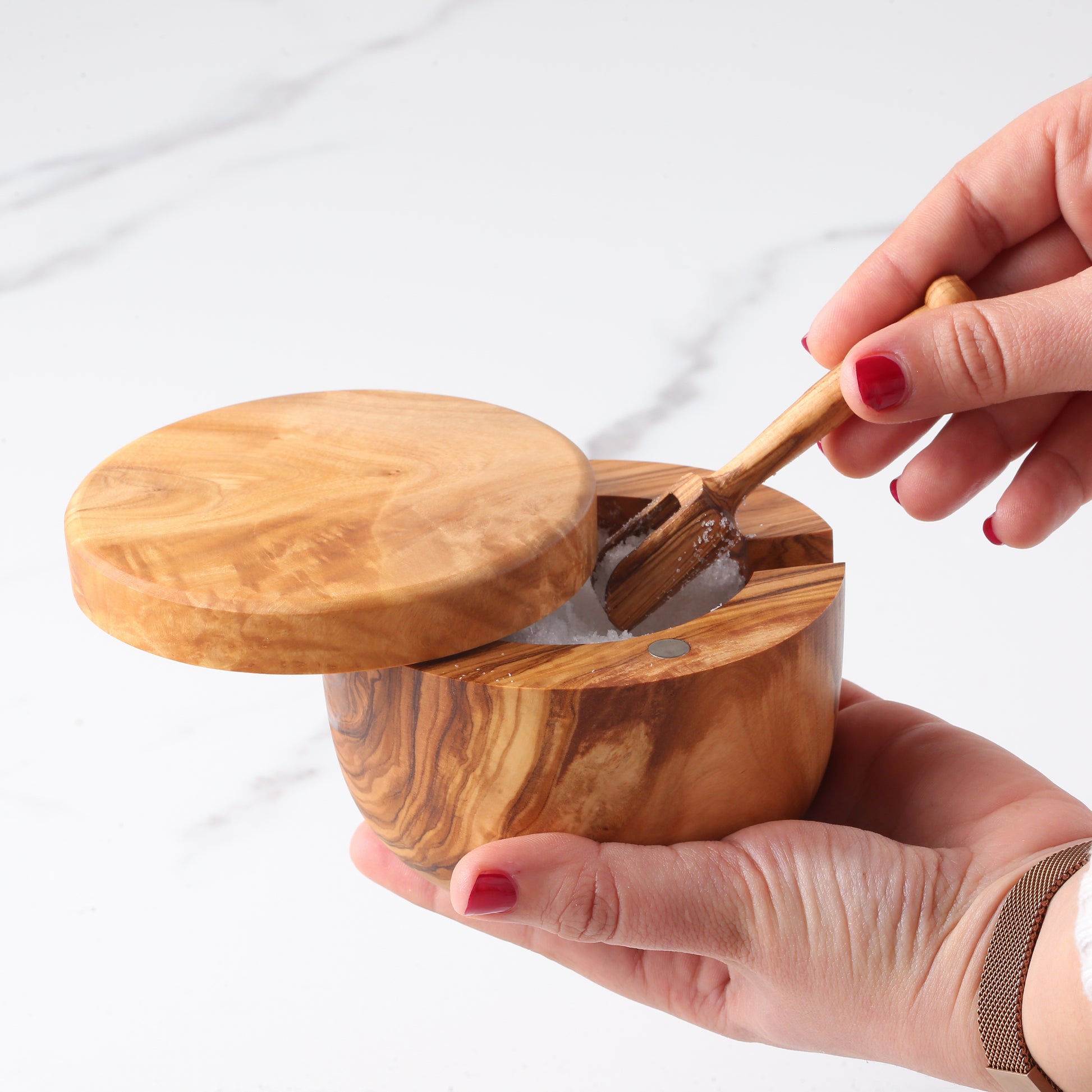 Olive Wood Salt Cellar – Spoon & Swivel Lid - ArtisRaw
