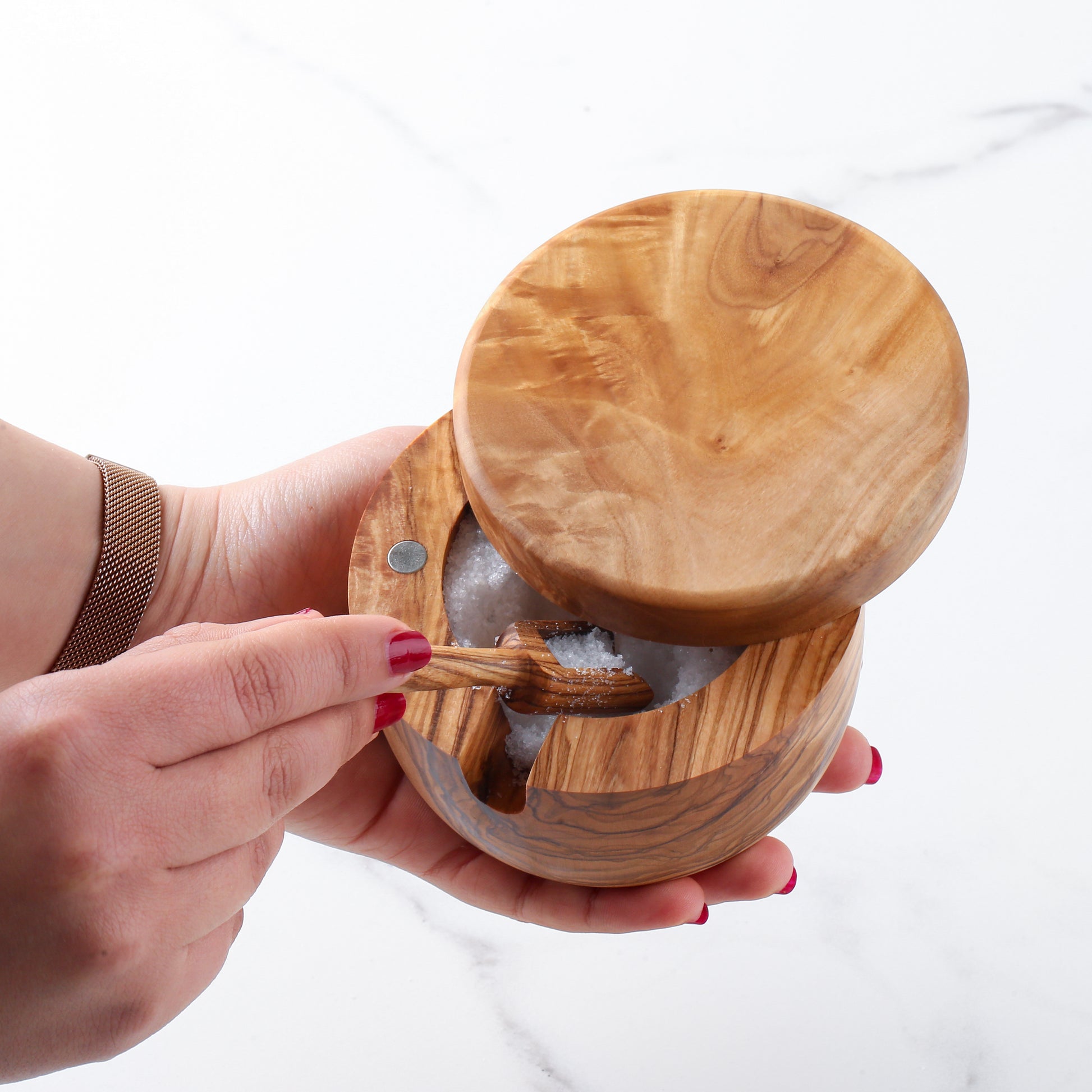 Olive Wood Salt Cellar – Spoon & Swivel Lid - ArtisRaw