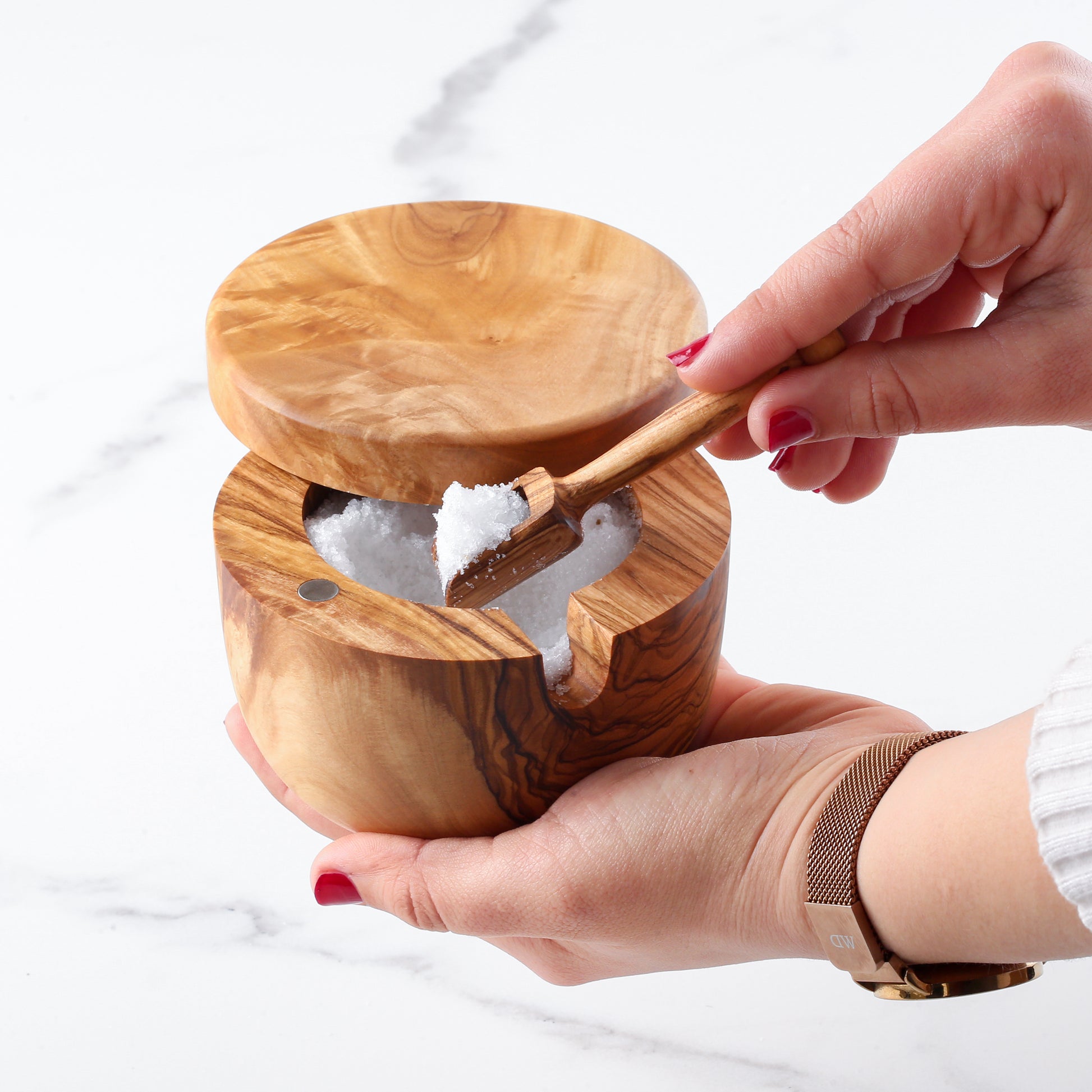 Olive Wood Salt Cellar – Spoon & Swivel Lid - ArtisRaw