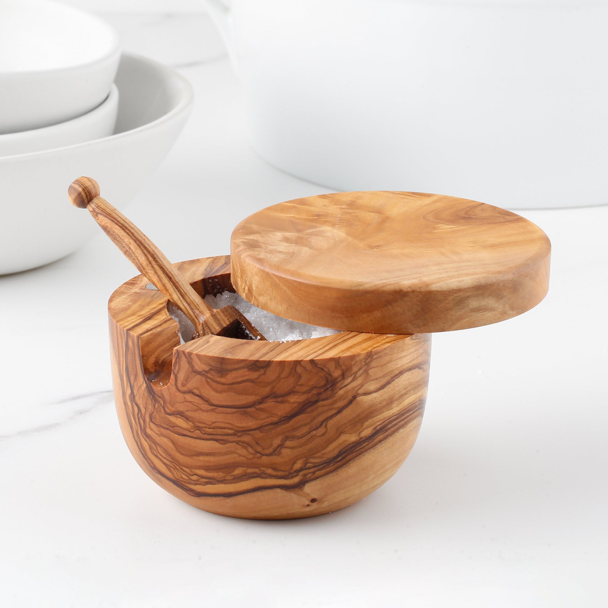 Olive Wood Salt Cellar – Spoon & Swivel Lid - ArtisRaw