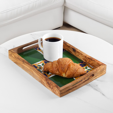 Olive Wood Rectangular tray with ceramic - ArtisRaw