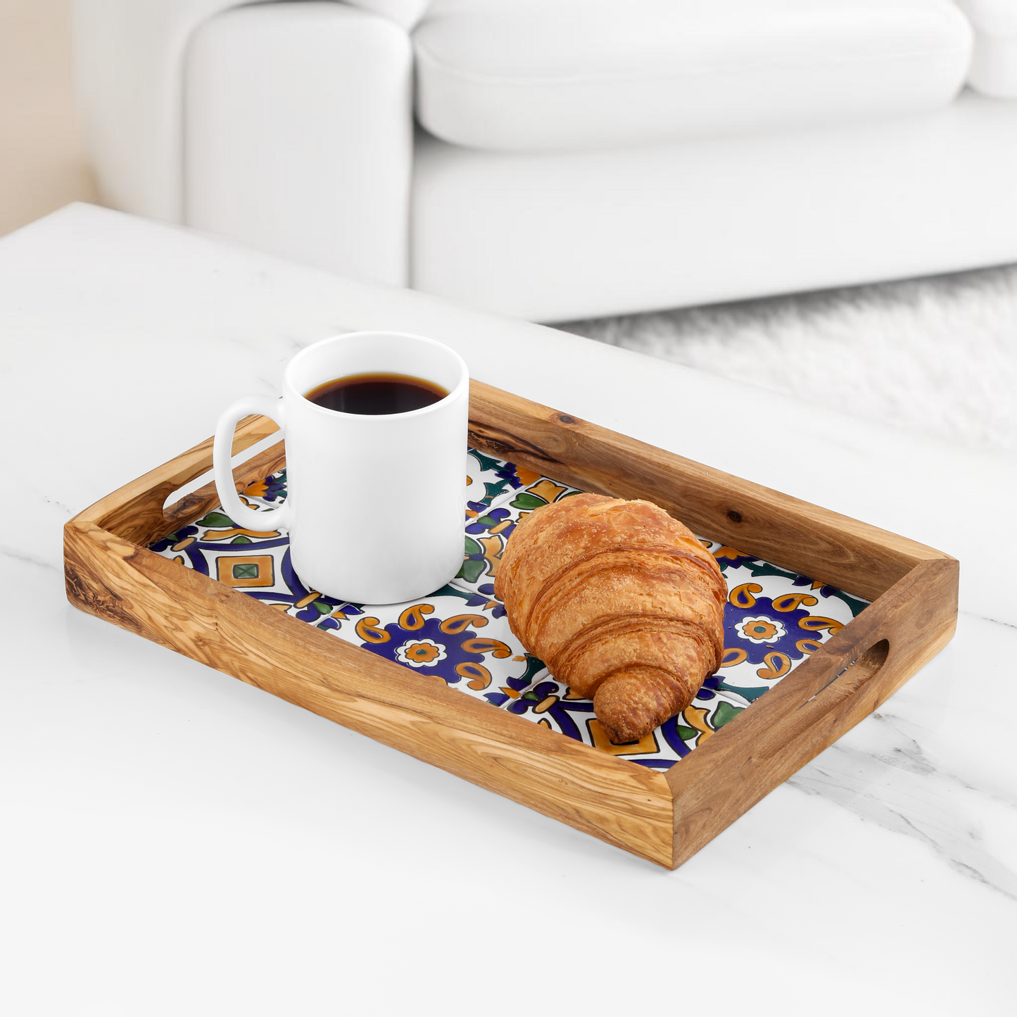 Olive Wood Rectangular tray with ceramic - ArtisRaw
