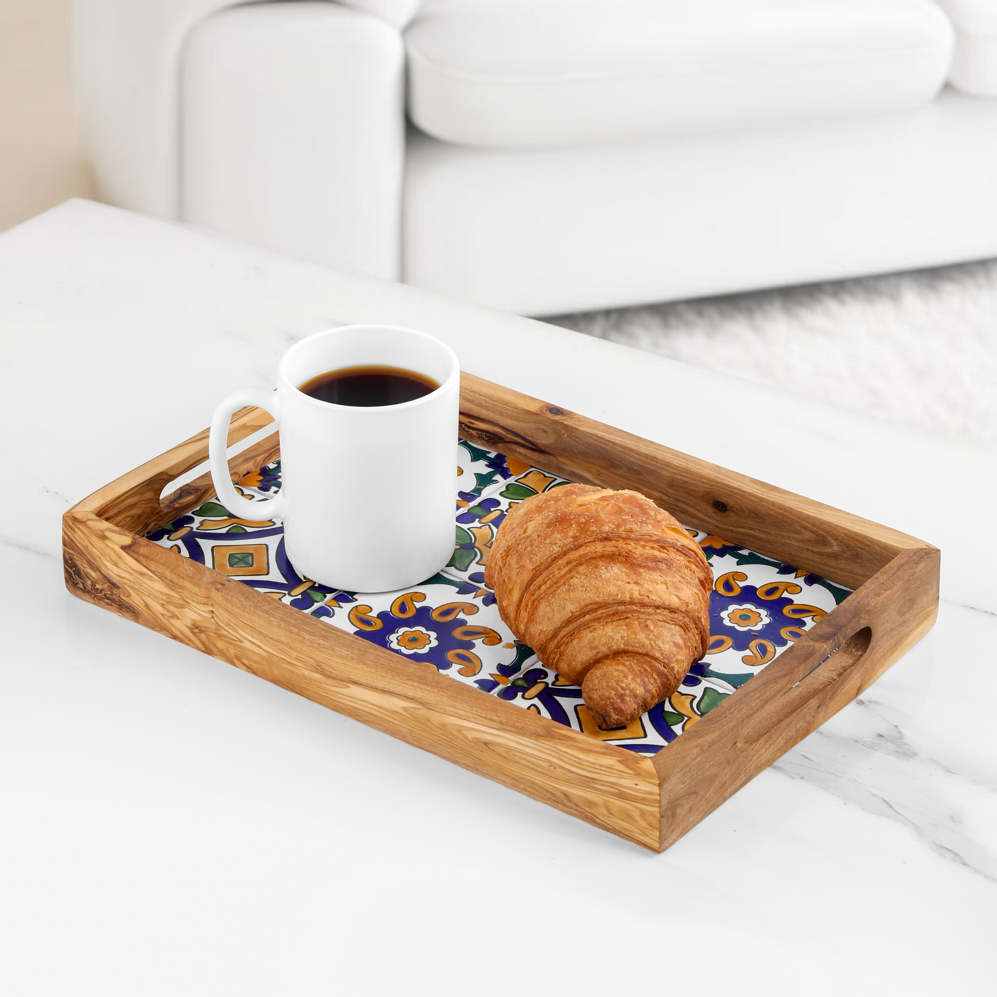 Olive Wood Rectangular tray with ceramic - ArtisRaw