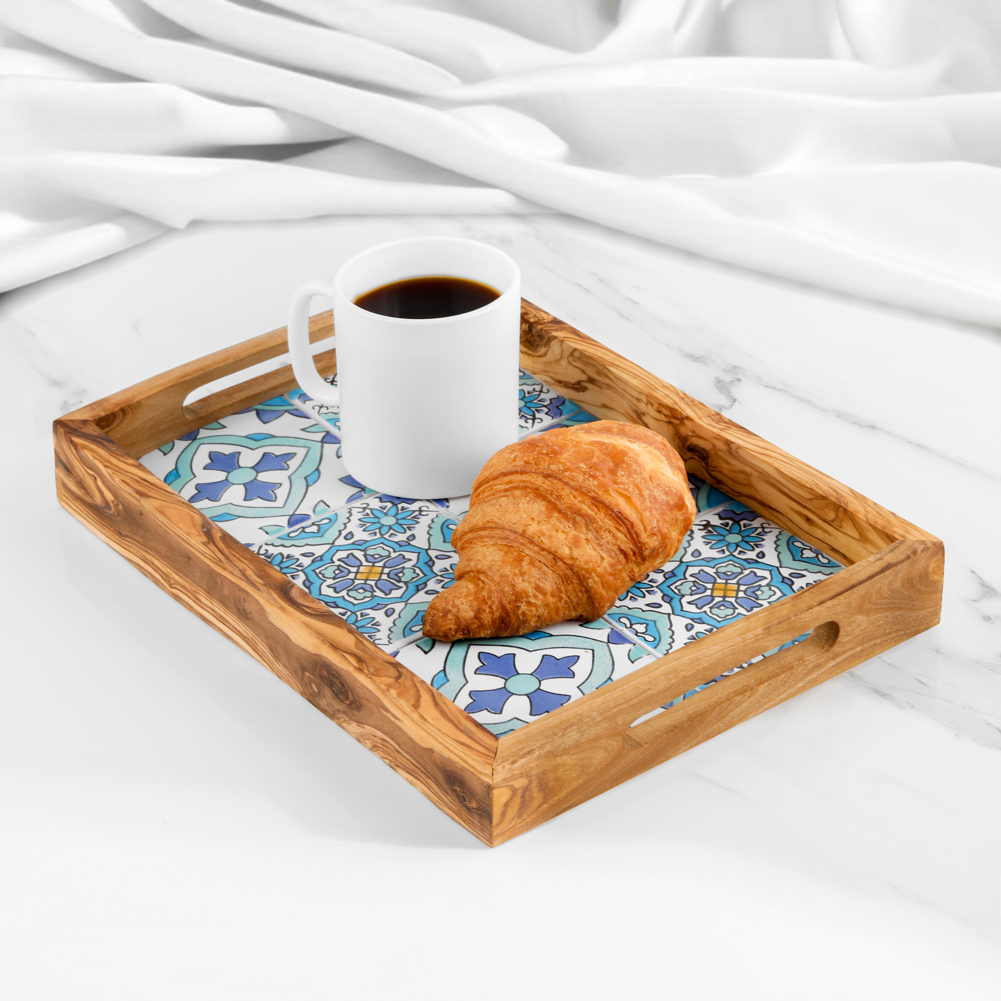 Olive Wood Rectangular tray with ceramic - ArtisRaw
