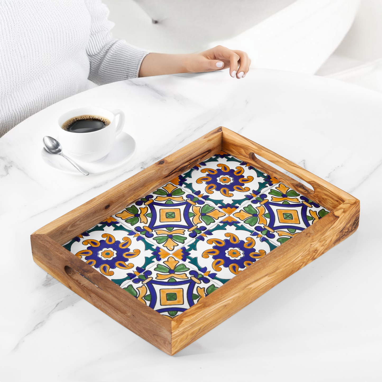 Olive Wood Rectangular tray with ceramic - ArtisRaw