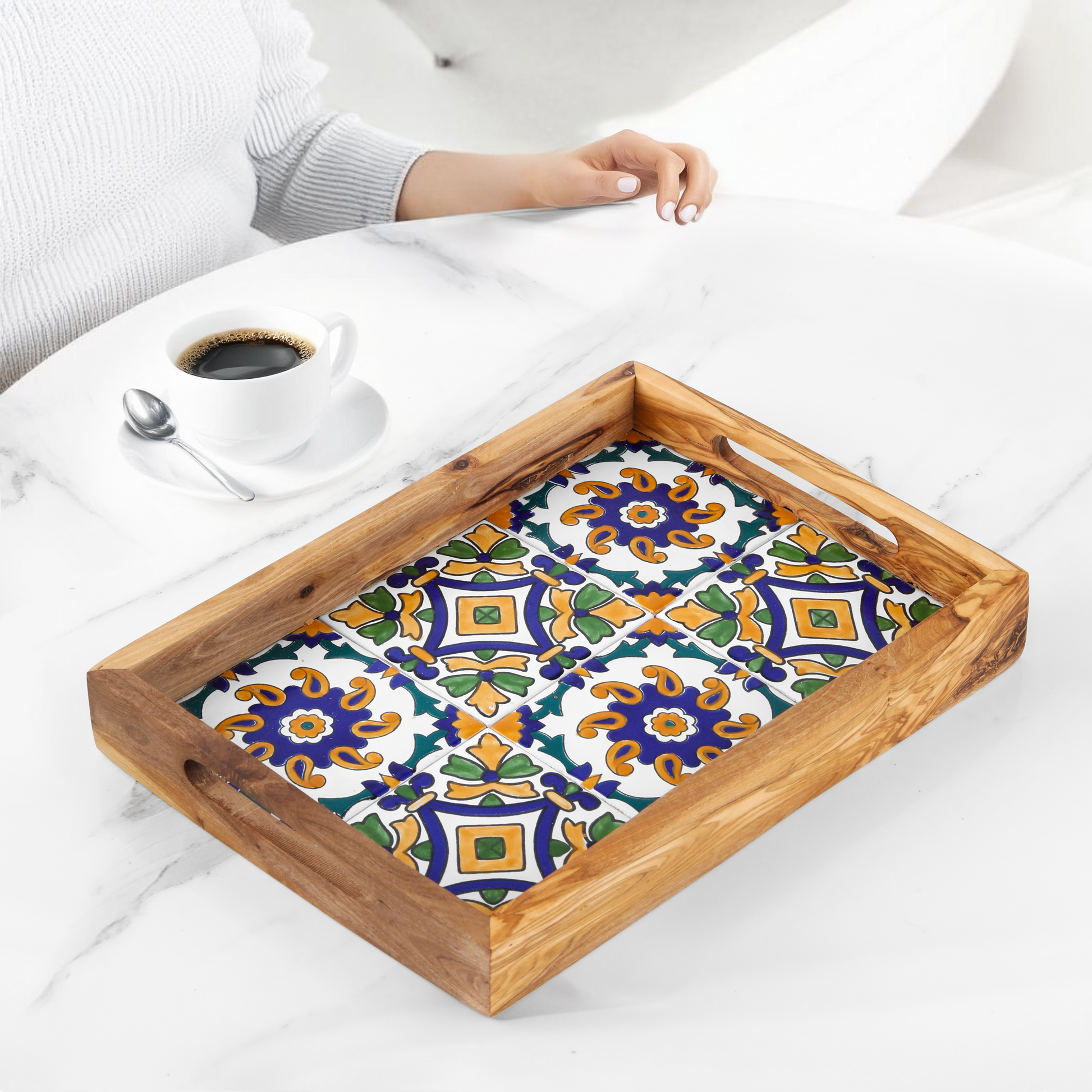 Olive Wood Rectangular tray with ceramic - ArtisRaw