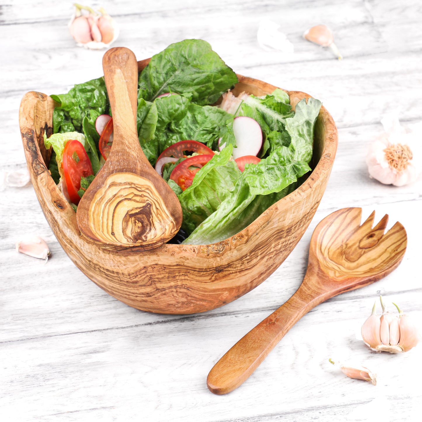 Large Rustic Wooden Salad Bowl Handmade from Olive Wood - ArtisRaw
