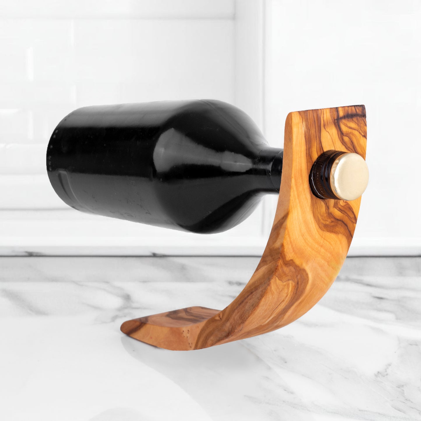 Olive Wood Balancing Wine Bottle Holder – Single Bottle Stand, 2 Designs - ArtisRaw
