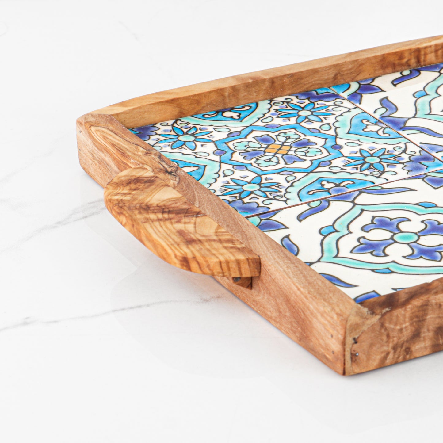 Olive Wood tray with handle and Hand-painted Ceramic Tiles - ArtisRaw