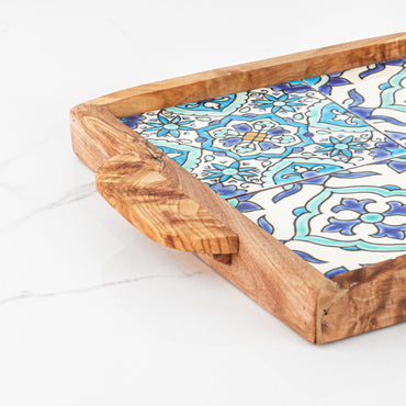 Olive Wood tray with handle and Hand-painted Ceramic Tiles - ArtisRaw