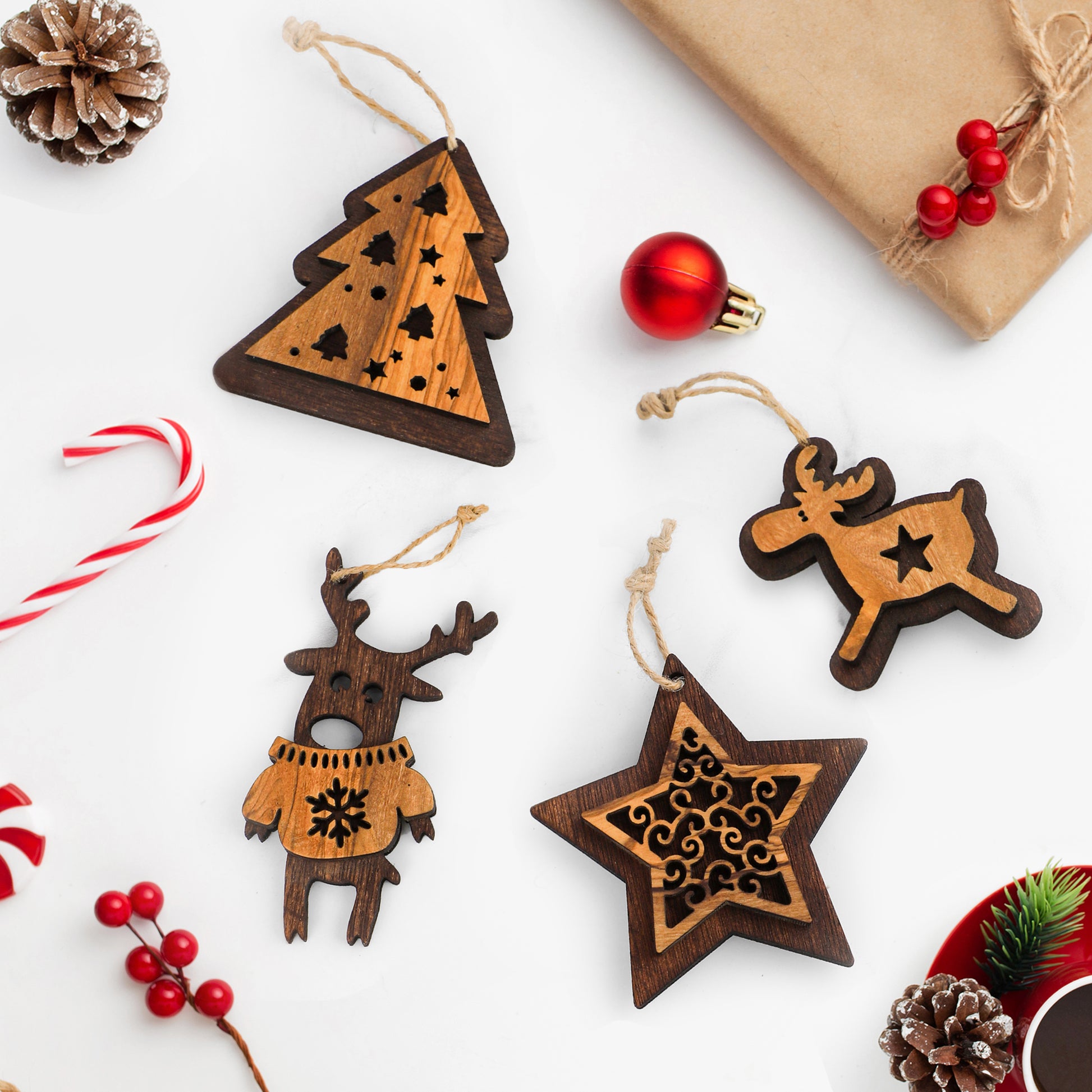 Olive Wood Christmas Ornaments: 2 Deers, Tree & Star - ArtisRaw
