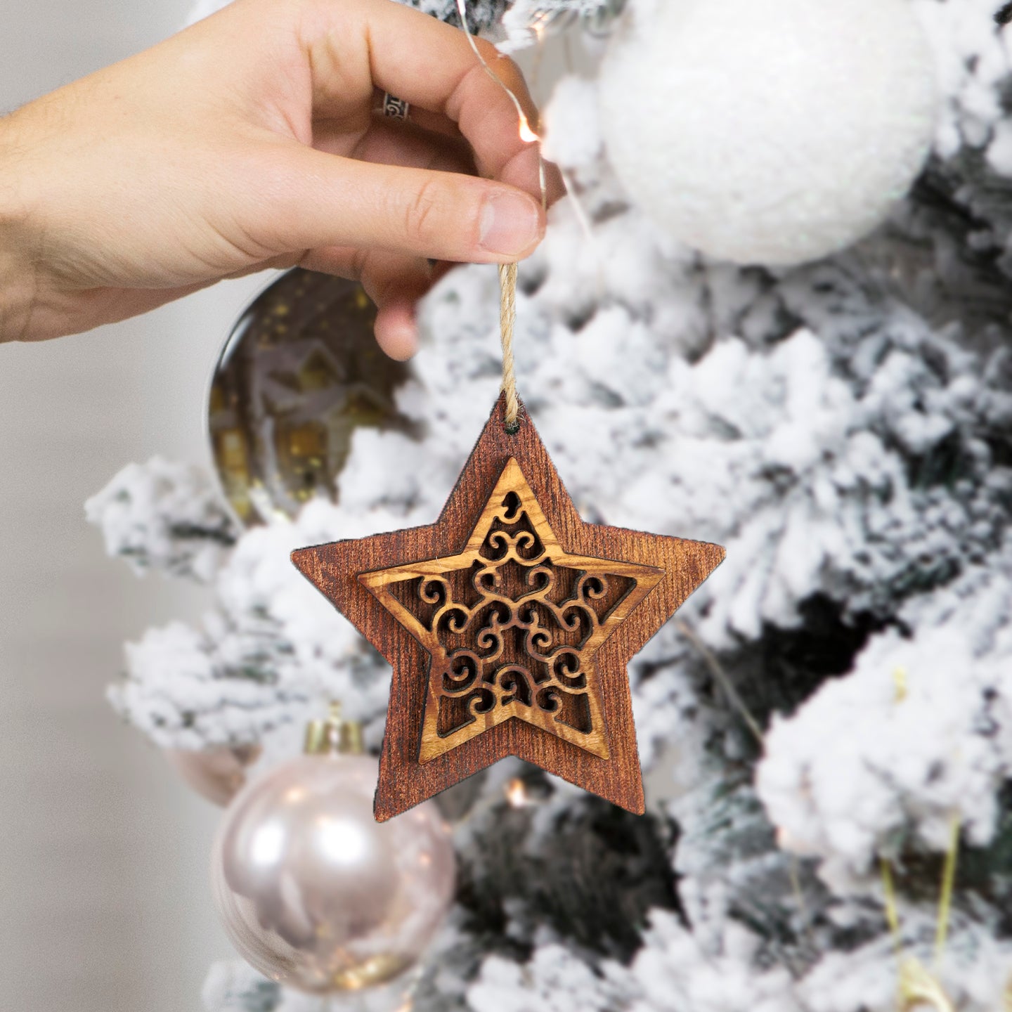 Olive Wood Christmas Ornaments: 2 Deers, Tree & Star - ArtisRaw