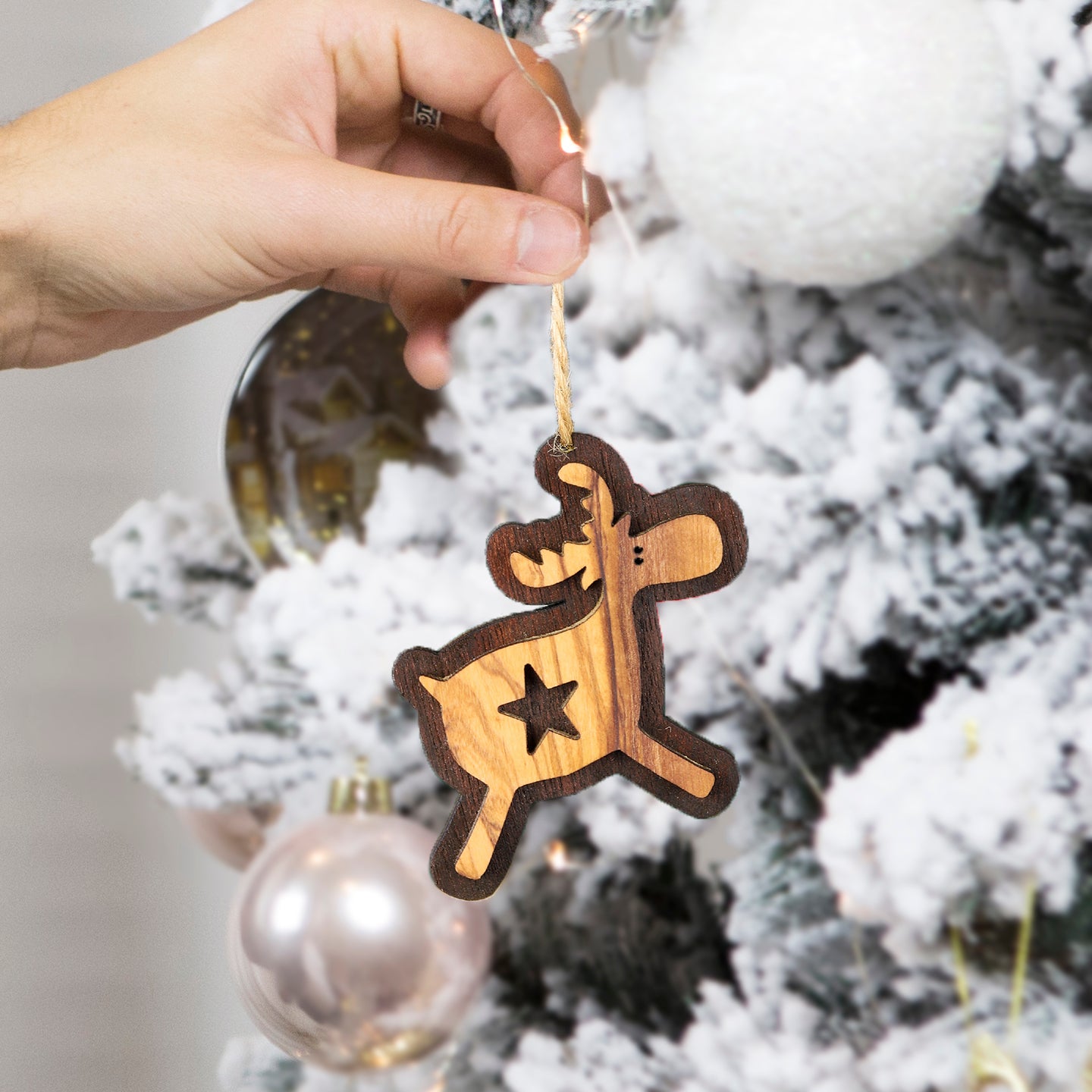 Olive Wood Christmas Ornaments: 2 Deers, Tree & Star - ArtisRaw