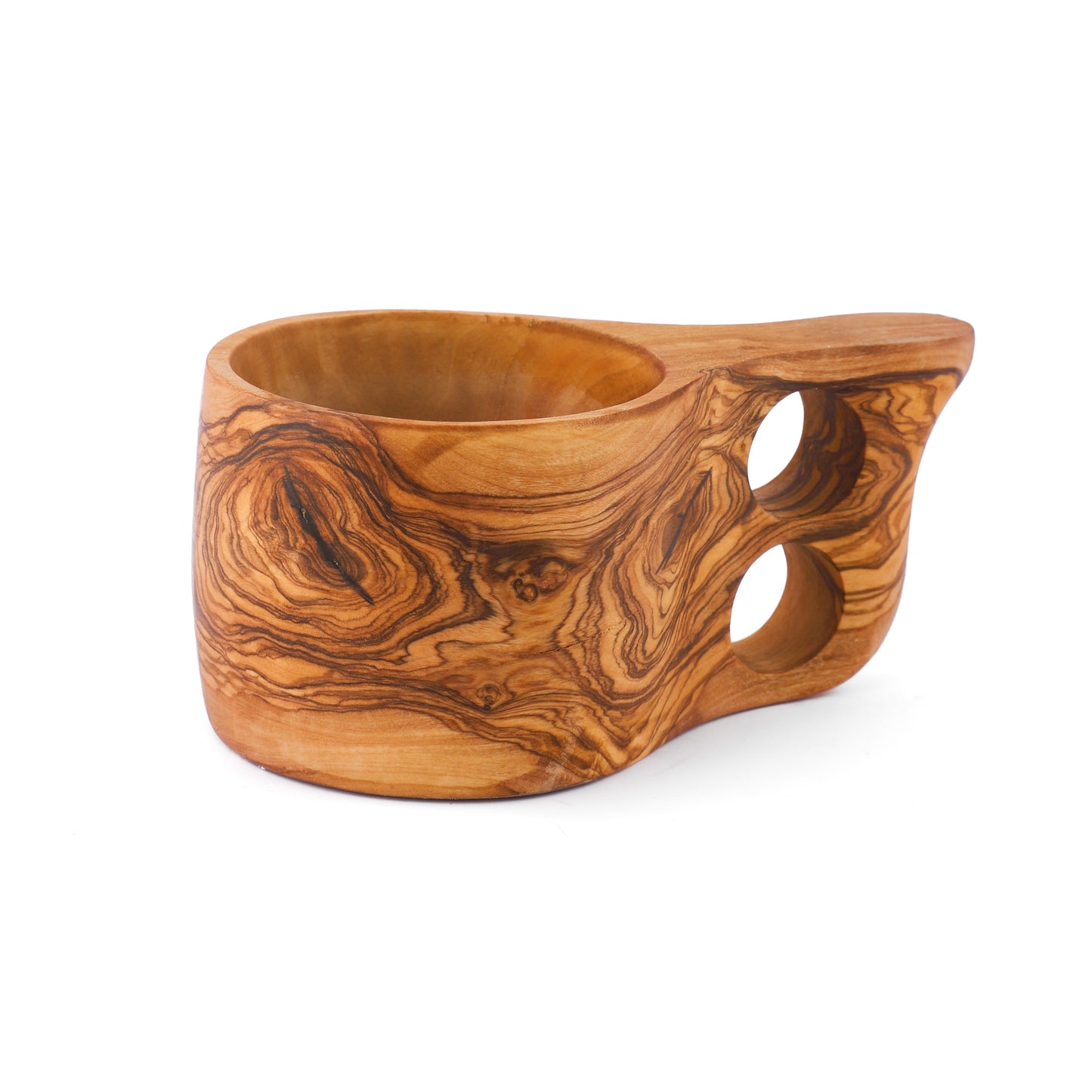 Durable Wooden Mug from Olive Wood, featuring a sculpted handle for easy holding. Each handmade kuksa cup boasts a unique wood pattern, ideal for warm coffee or cold drinks, and simple to maintain.