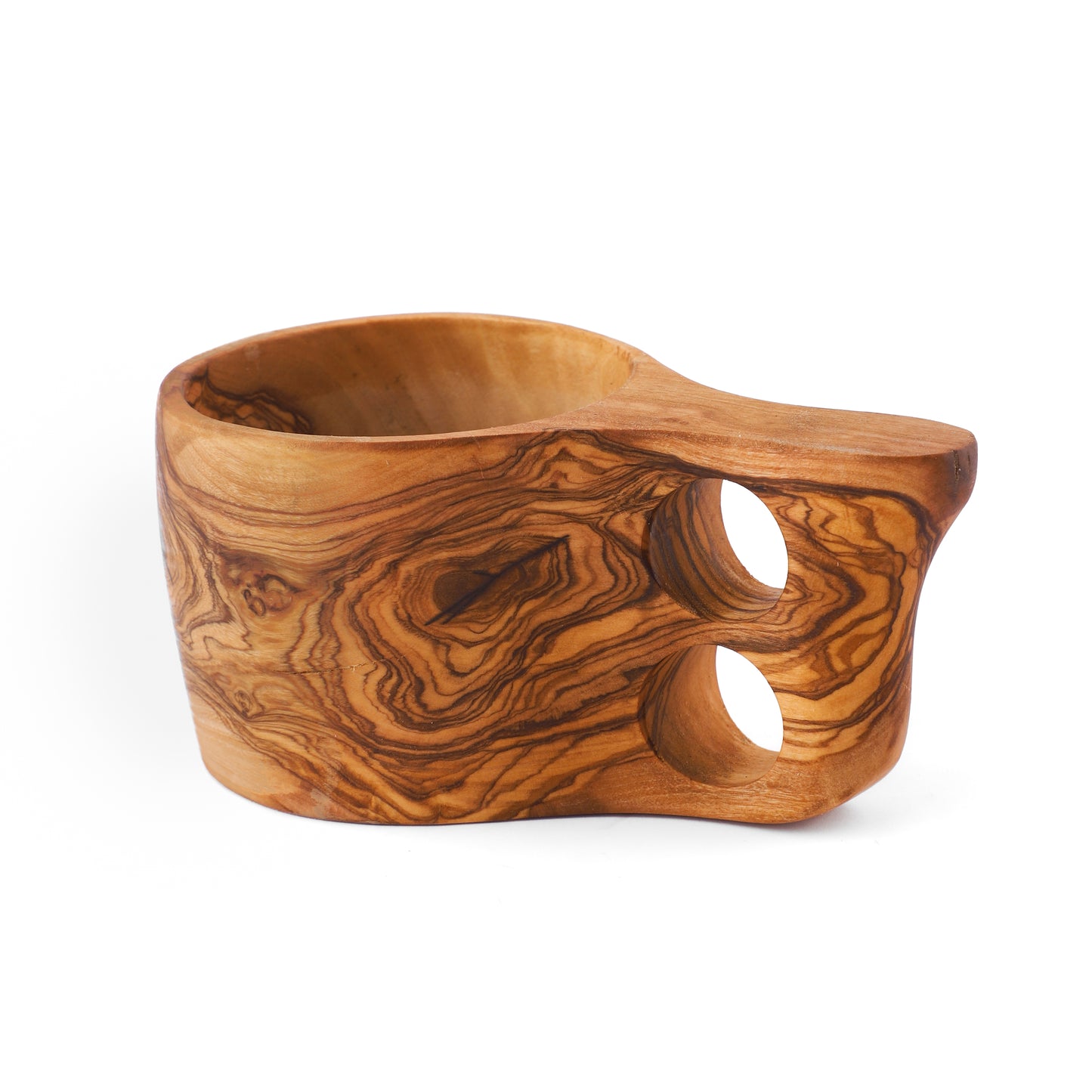 Handmade Tunisian Olive Wood Kuksa Mug with a distinctive curved handle and natural grain patterns, offering durability and a unique design. Ideal for enjoying a drink outdoors or in the comfort of your home.