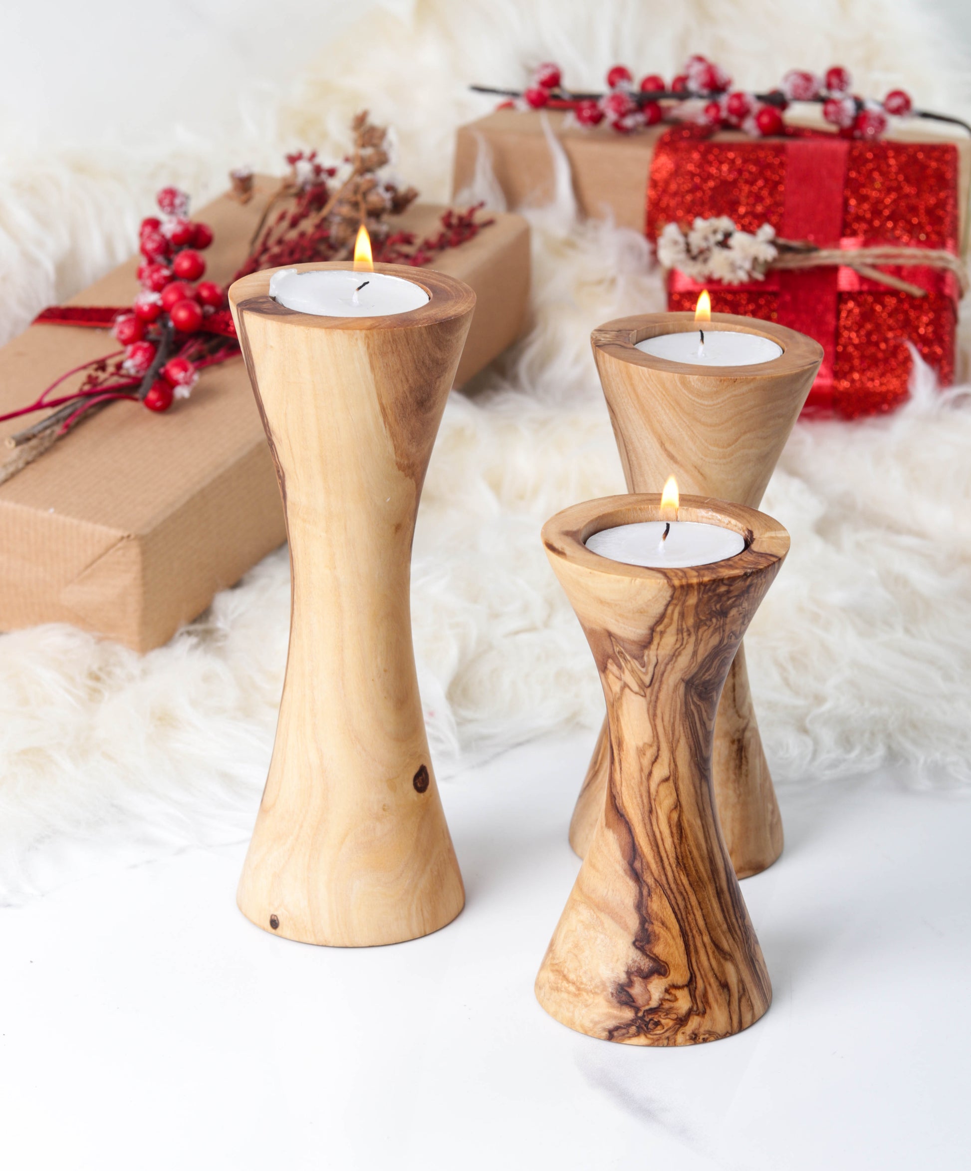 Set of 3 Wooden Candle Holders made of Tunisian Olive Wood - ArtisRaw