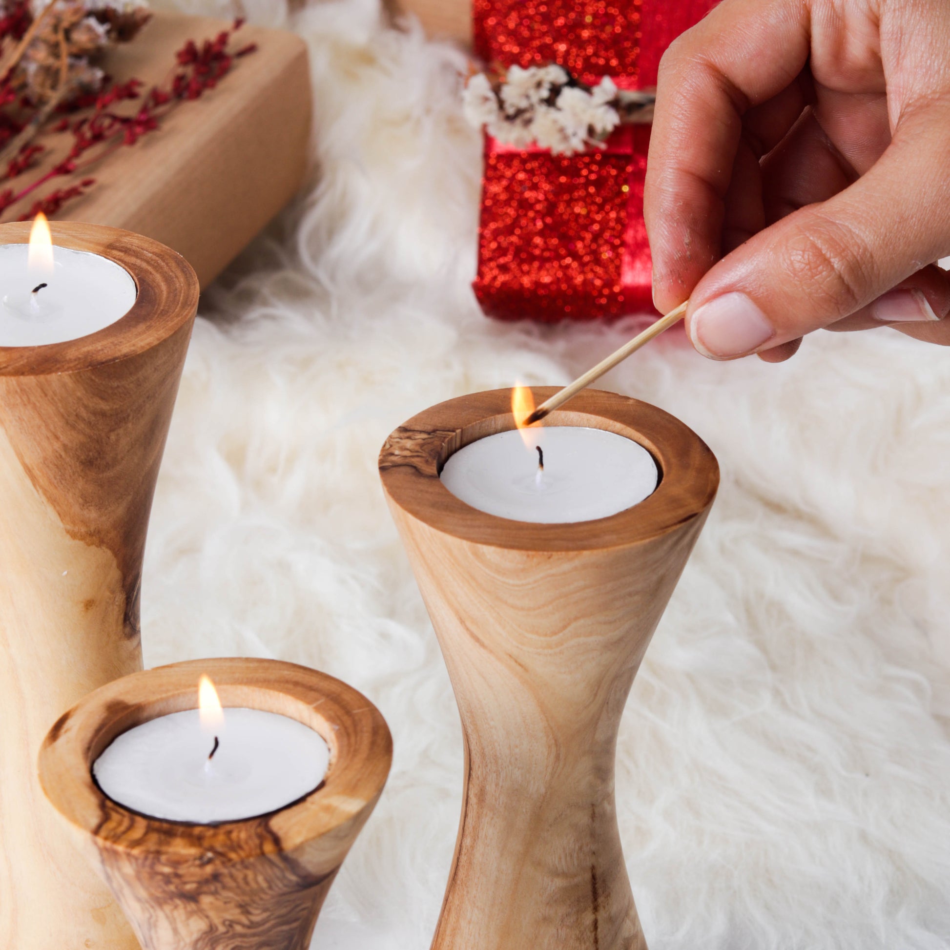 Set of 3 Wooden Candle Holders made of Tunisian Olive Wood - ArtisRaw