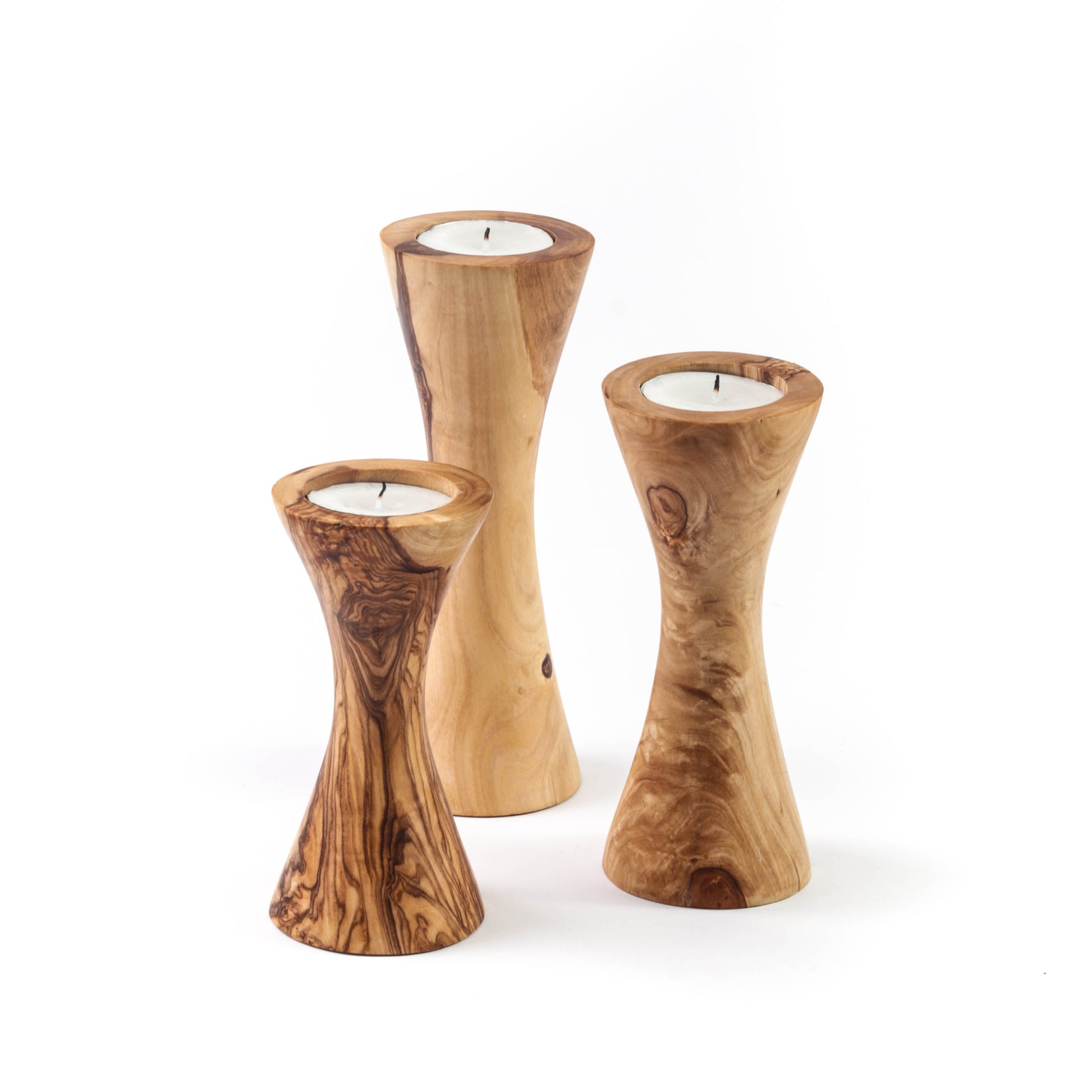 Set of 3 Wooden Candle Holders made of Tunisian Olive Wood - ArtisRaw