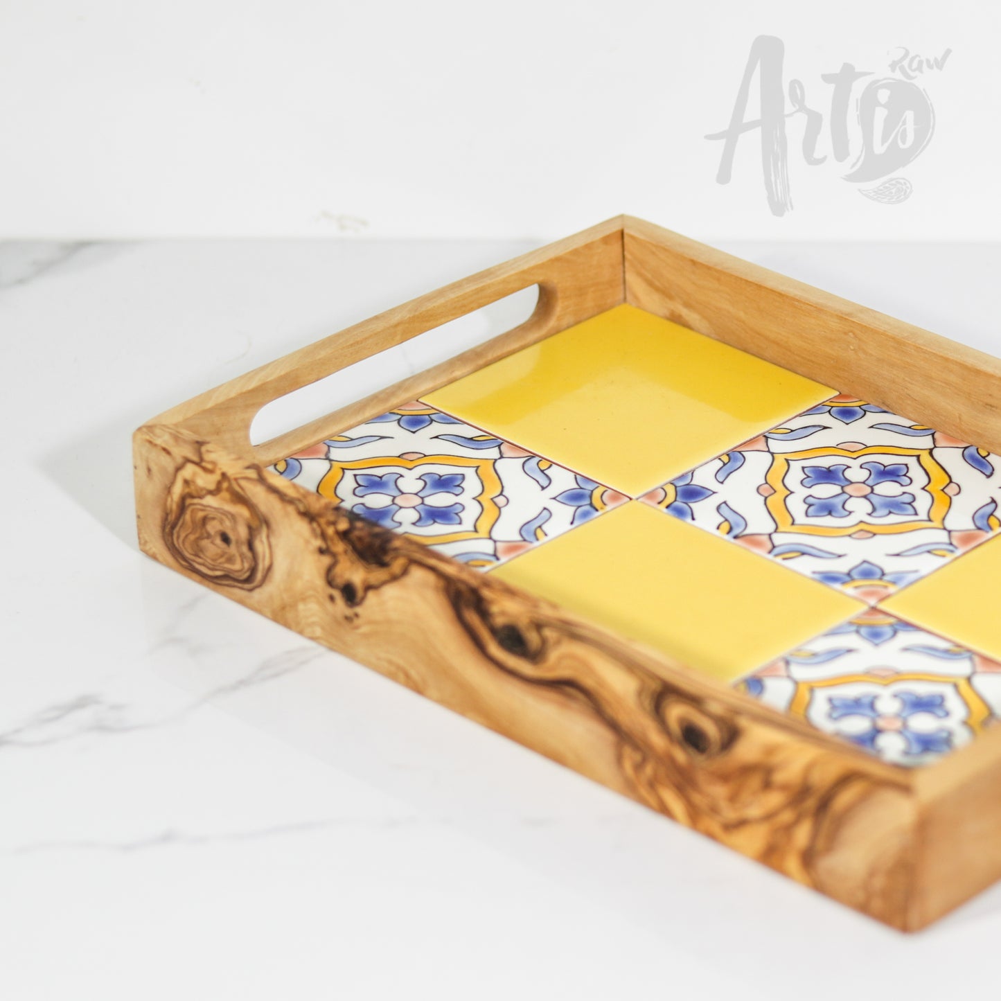 Olive Wood Rectangular tray with ceramic - ArtisRaw