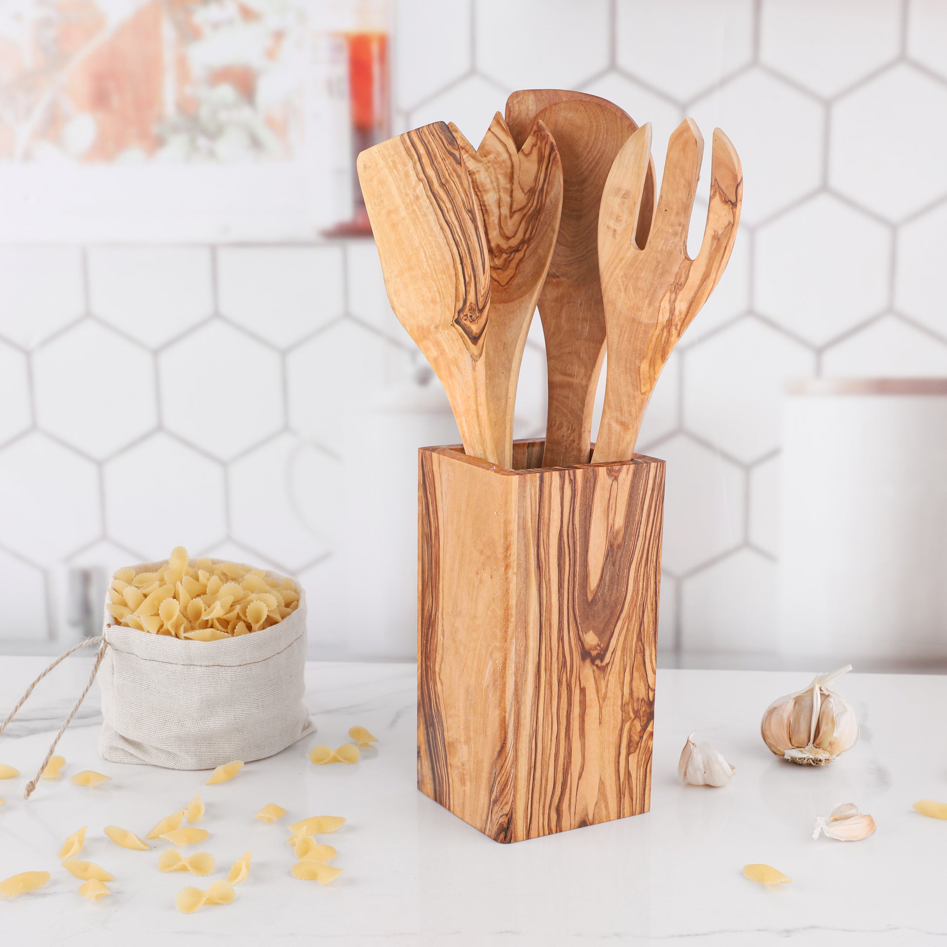 Cooking Utensil Holder Olive Wood - ArtisRaw