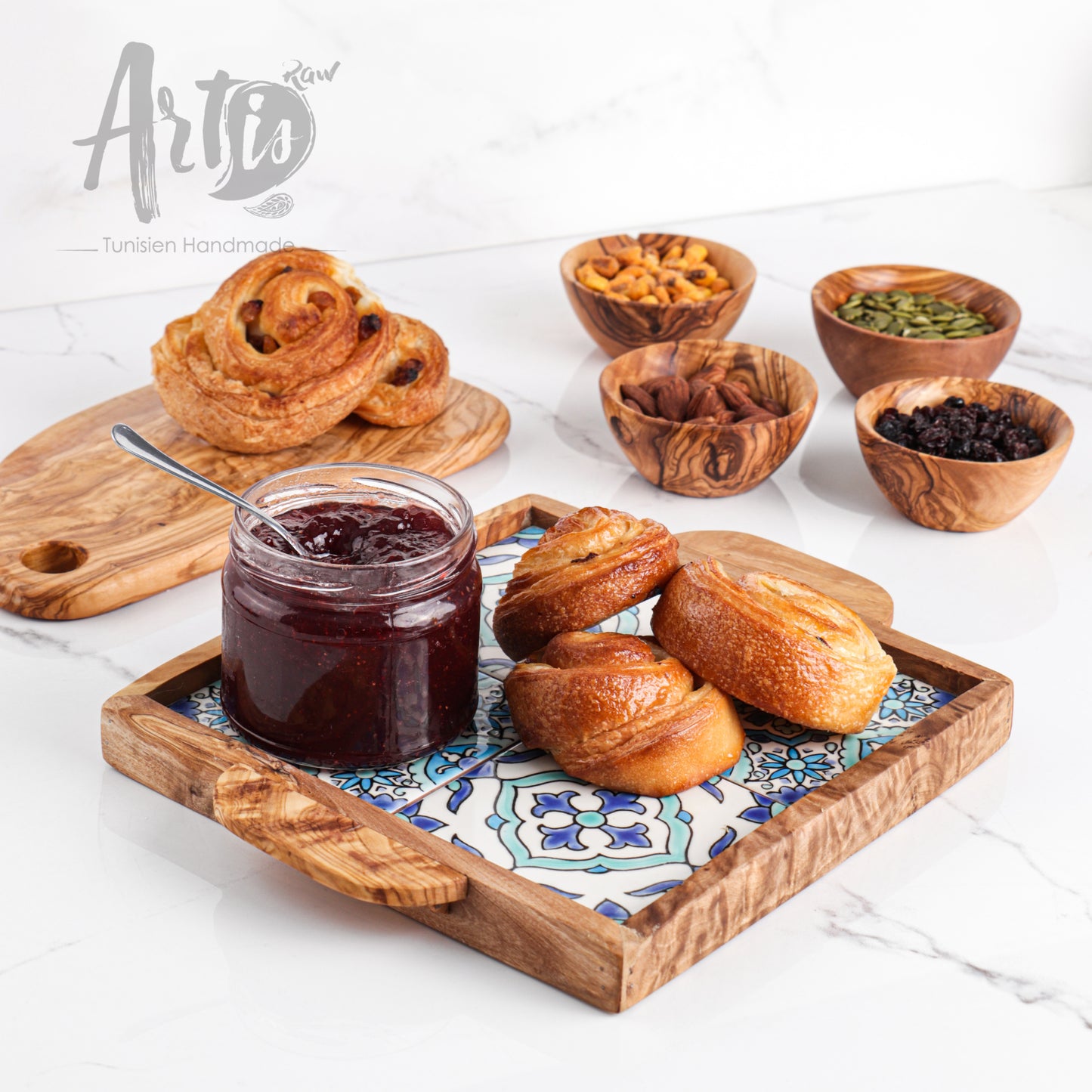 Olive Wood tray with handle and Hand-painted Ceramic Tiles - ArtisRaw