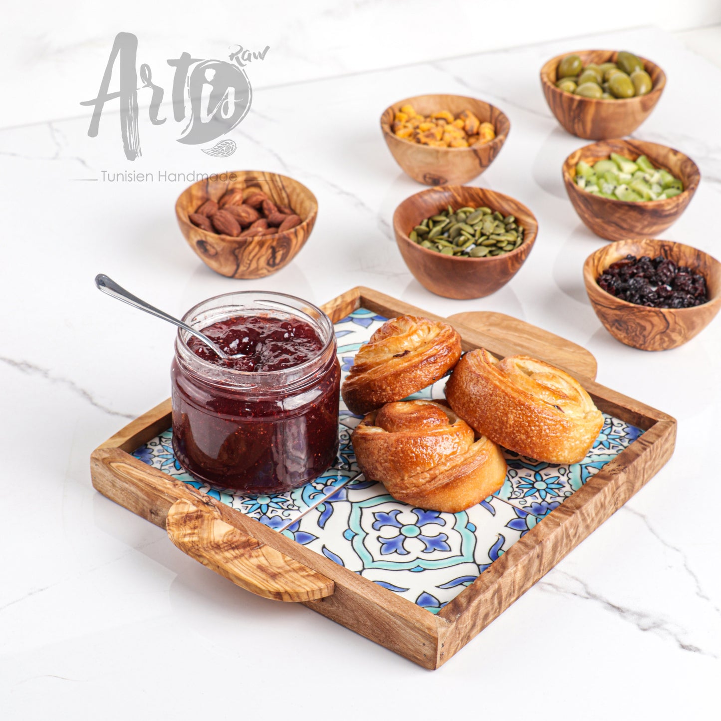 Olive Wood tray with handle and Hand-painted Ceramic Tiles - ArtisRaw