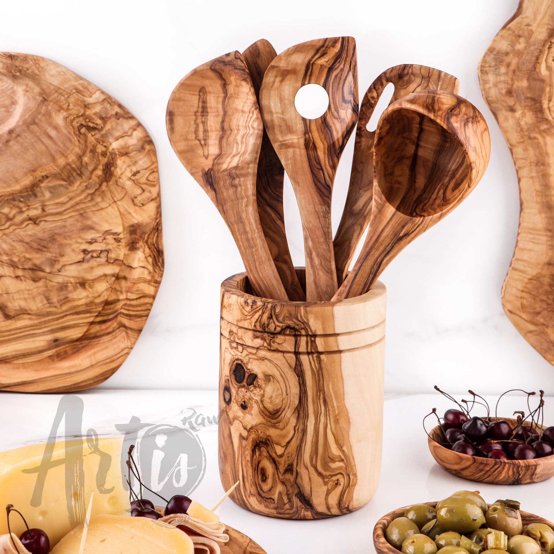 Utensil Holder for 5 Spoons Olive Wood - ArtisRaw