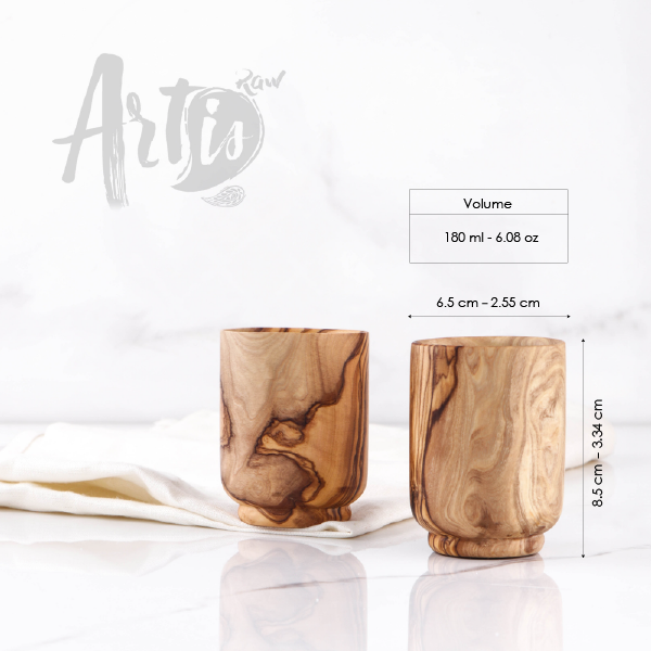 Dimensions of this drinking cup handmade from olive wood : 2.5" (6.5cm) * 3.3" (8.5cm) Volume: 6.1oz (180ml)