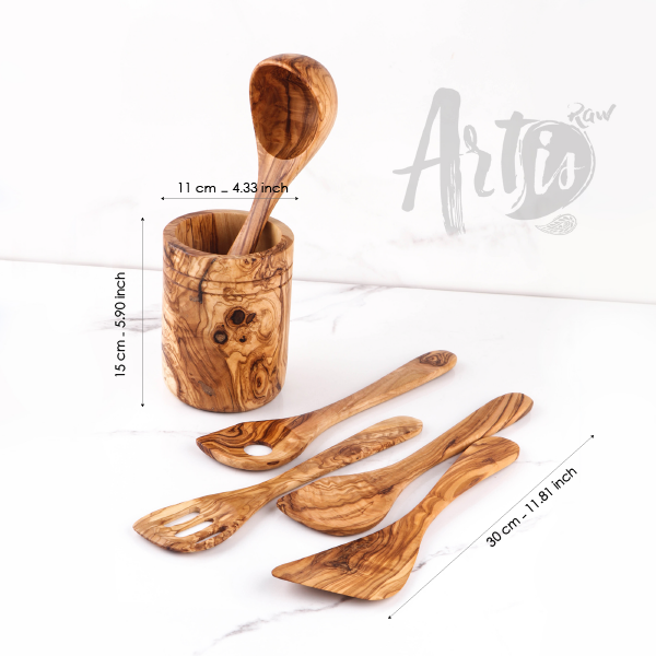Utensil Holder for 5 Spoons Olive Wood - ArtisRaw