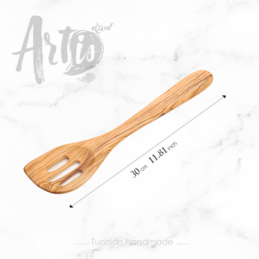 Length of this slotted spatula handmade from olive wood: 11.8" (30cm)