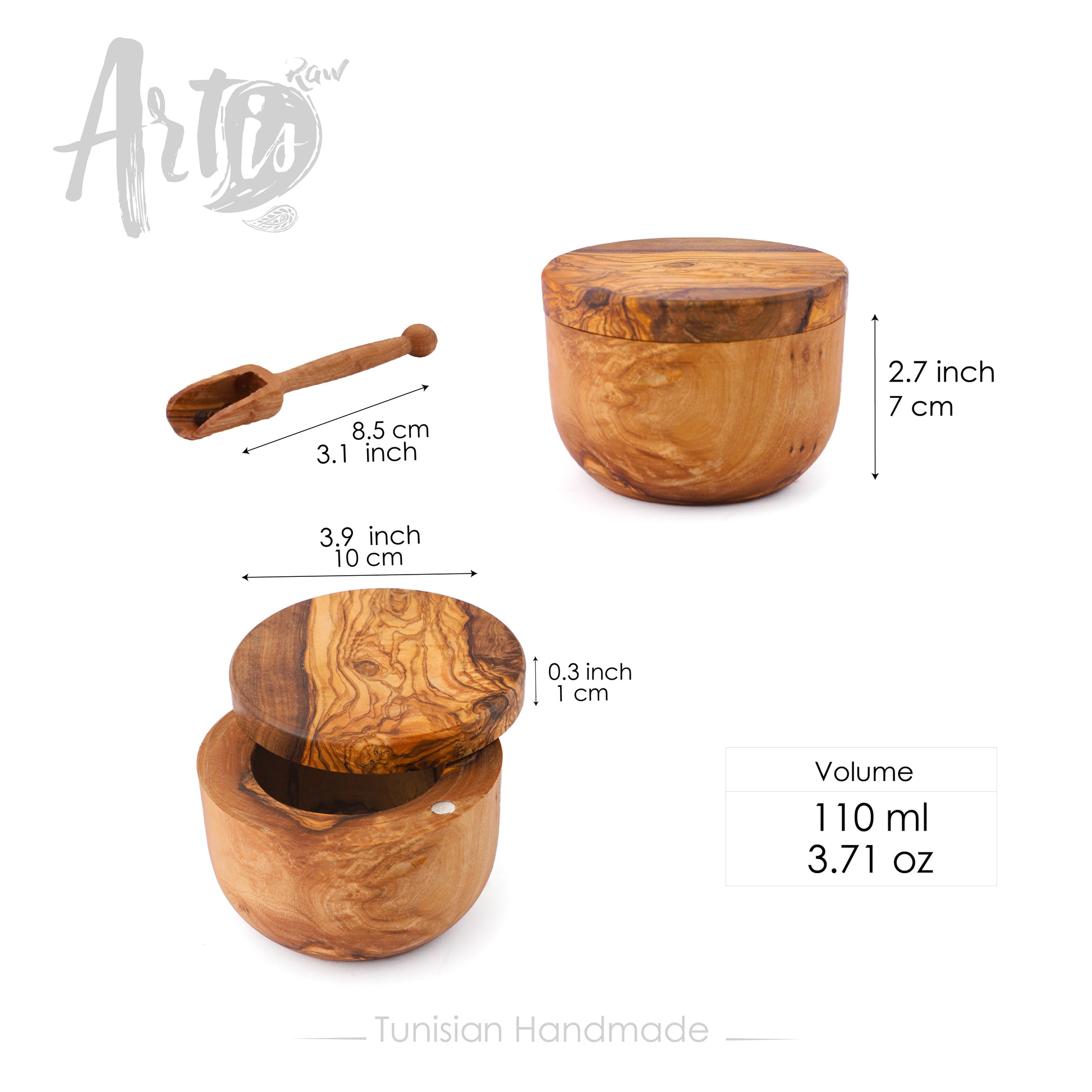 Dimensions of this salt cellar handmade from olive wood: height: 2.7" (7cm), width: 3.9" (10cm) / Length of the wooden spoon for seasoning: 3.1" (8.5cm)