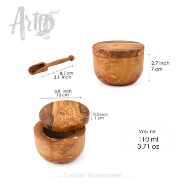 Dimensions of this salt cellar handmade from olive wood: height: 2.7" (7cm), width: 3.9" (10cm) / Length of the wooden spoon for seasoning: 3.1" (8.5cm)