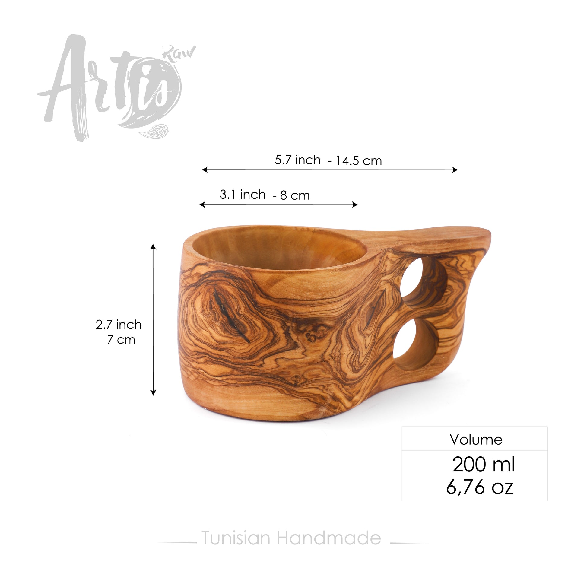 Dimensions of this Kuksa Cup Handmade from olive wood: 3.1" (8cm) * 2.7" (7cm) Volume: 6.8oz (200ml)
