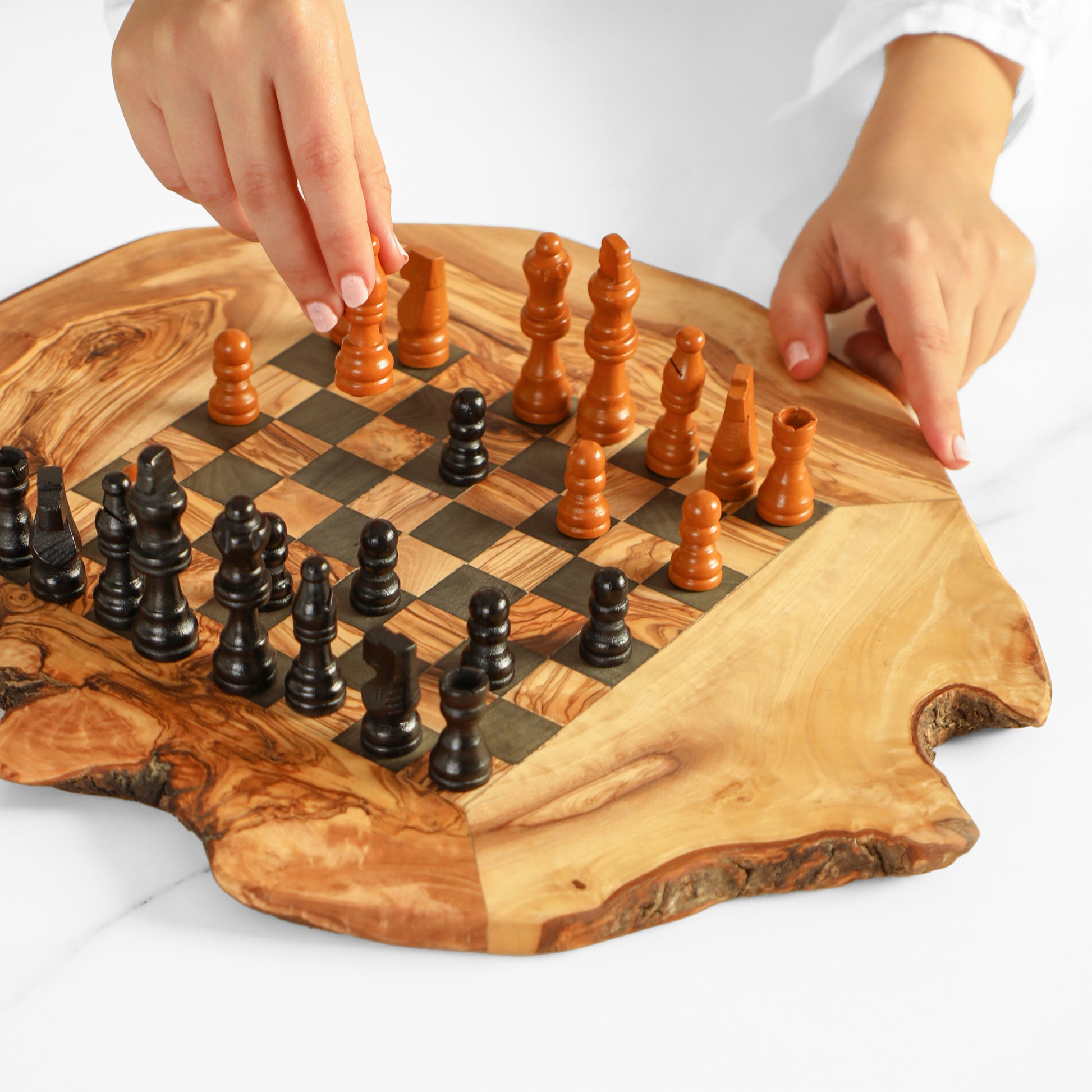 Handmade Olive Wood Chess Set – Irregular Rustic Artisan Board from Tunisia - ArtisRaw
