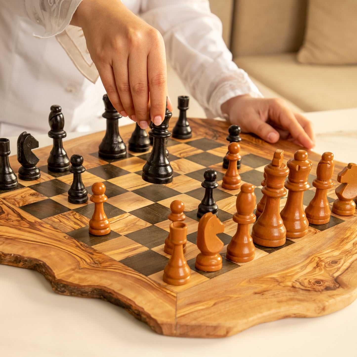 Handmade Olive Wood Chess Set – Irregular Rustic Artisan Board from Tunisia - ArtisRaw