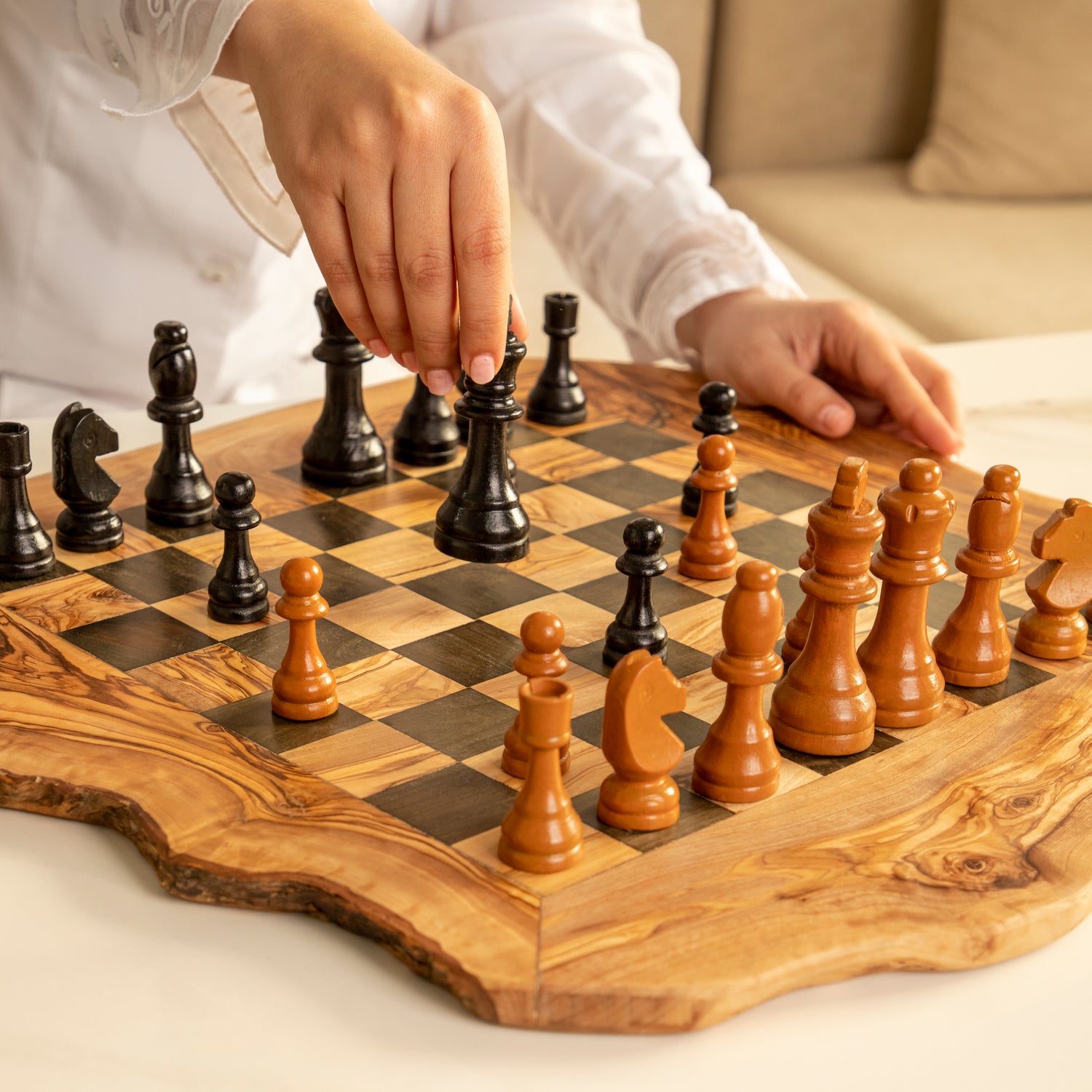 Handmade Olive Wood Chess Set – Irregular Rustic Artisan Board from Tunisia - ArtisRaw
