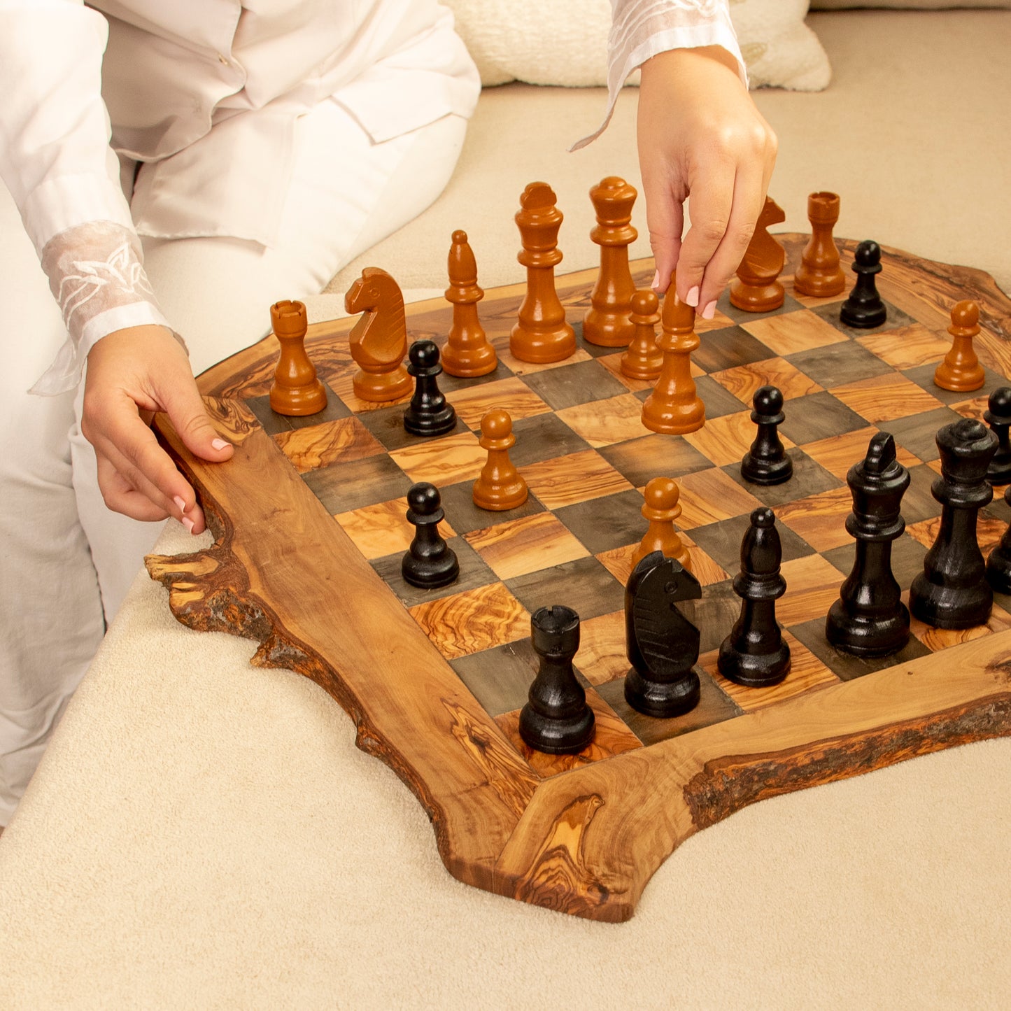 Handmade Olive Wood Chess Set – Irregular Rustic Artisan Board from Tunisia - ArtisRaw